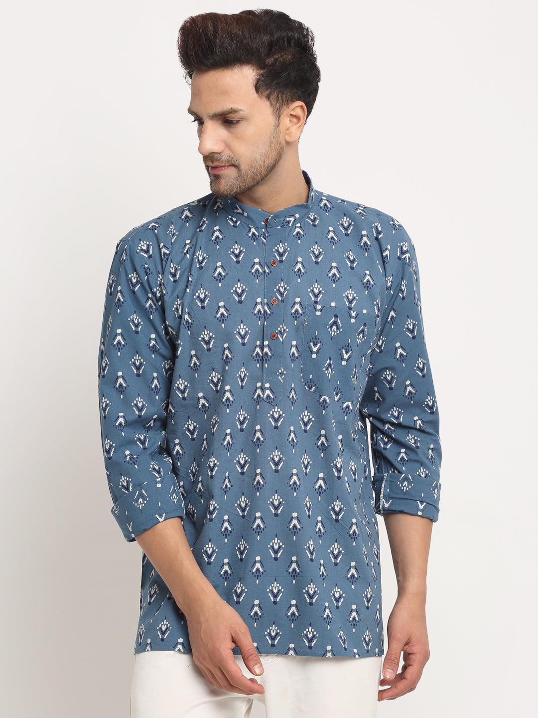 Men's Cotton Printed Waist Length Short Kurta