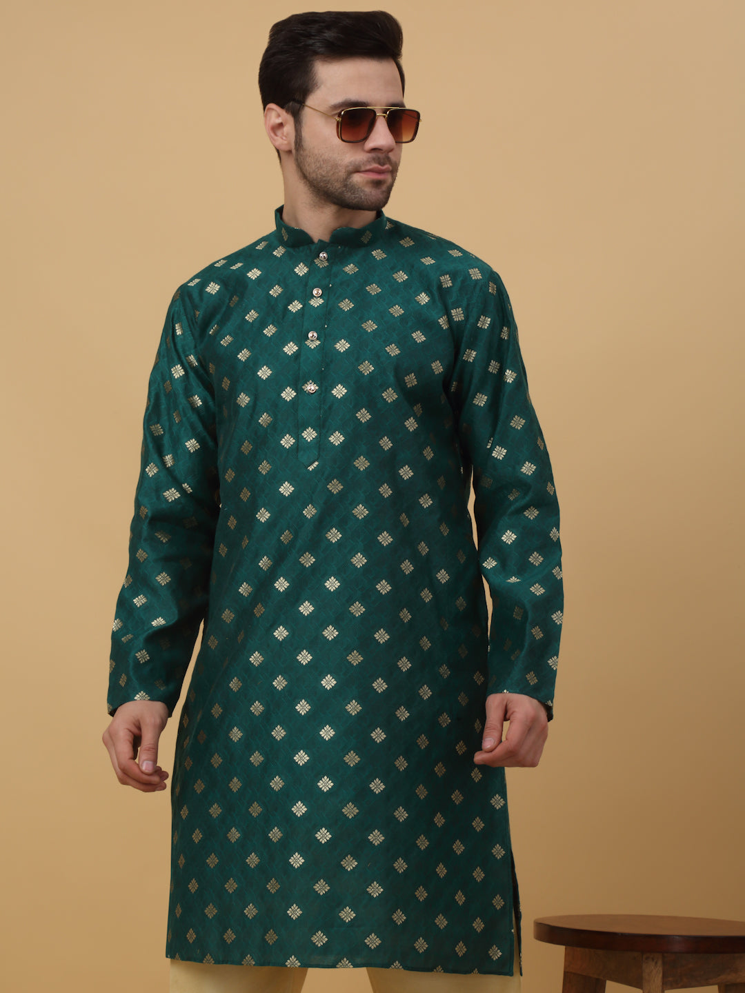 KRAFT INDIA Men's Silk Blend Jacquard Gold Print Kurta with Beige Elastic Waistband Churidar Set