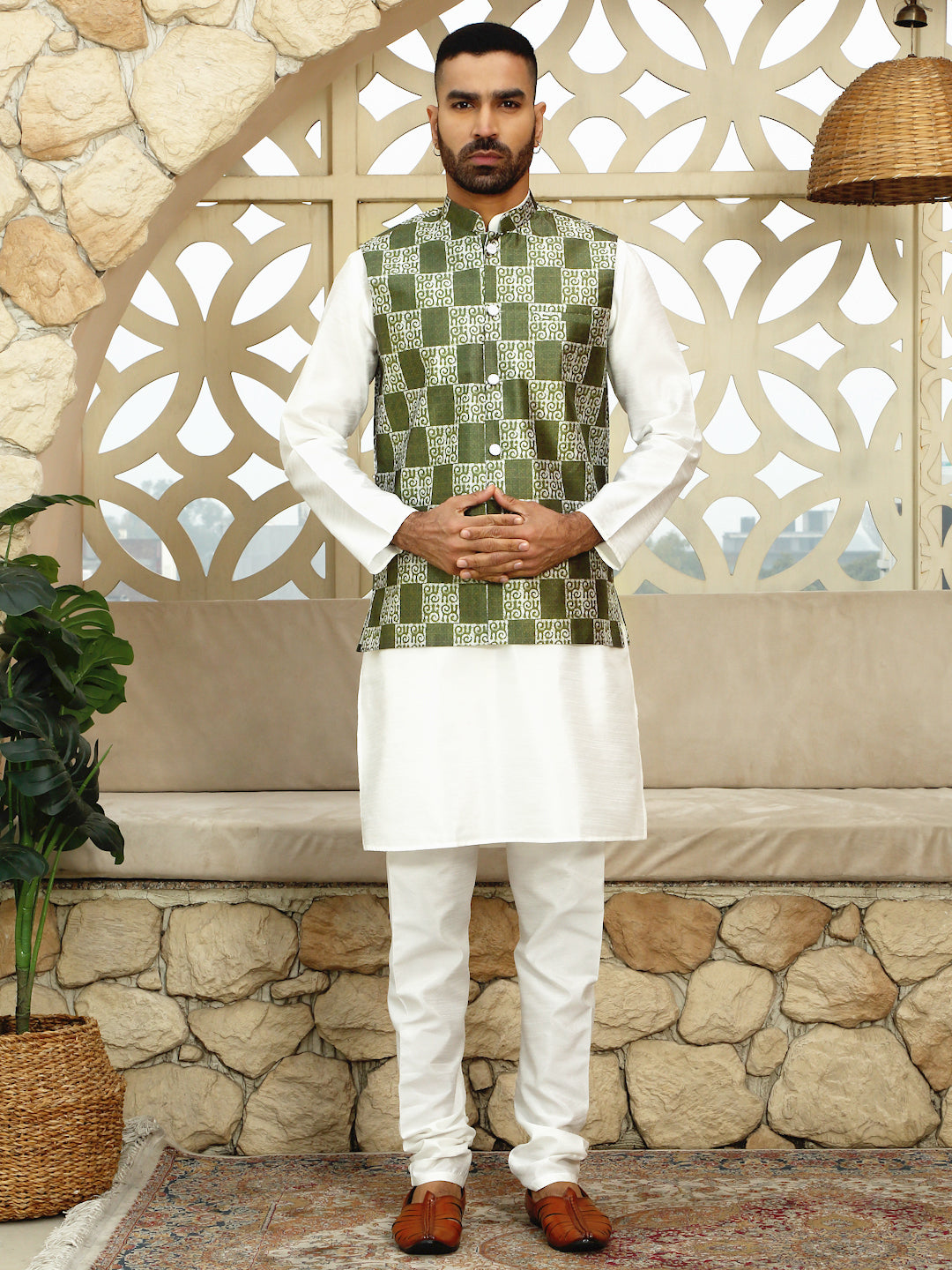 Silk Blend Solid Cream Dupion Kurta Churidar With Sleeveless Bandhani Nehru Jacket set