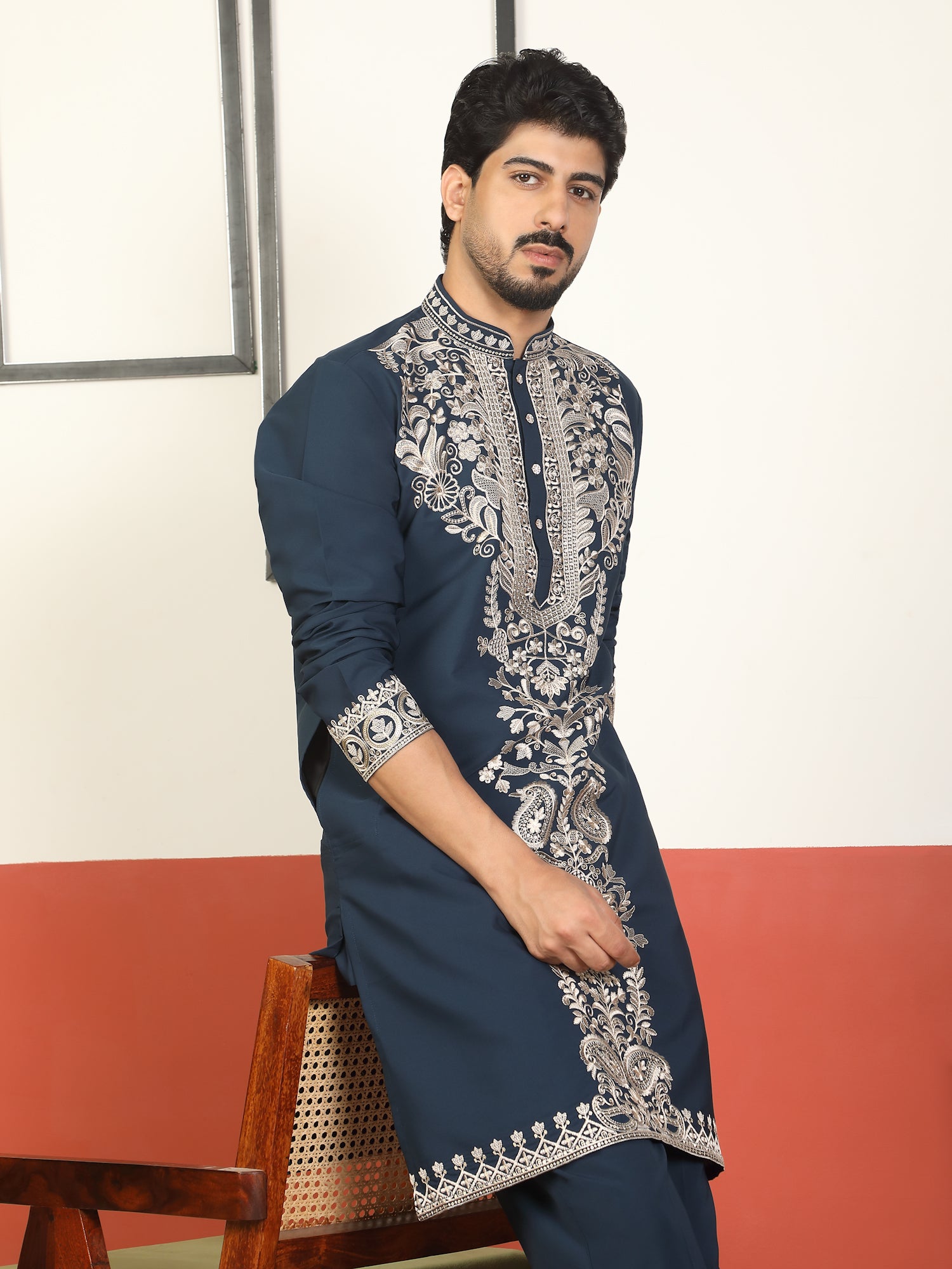 Men's Premium Japanese Fabric Heavy Embroidered Long Kurta with Mandarin Collar