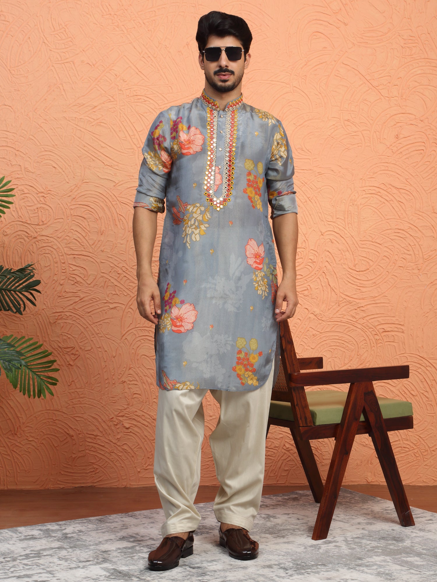 LUXE-Men's Silk Yoke Design Floral Mirror Work Kurta Salwar set