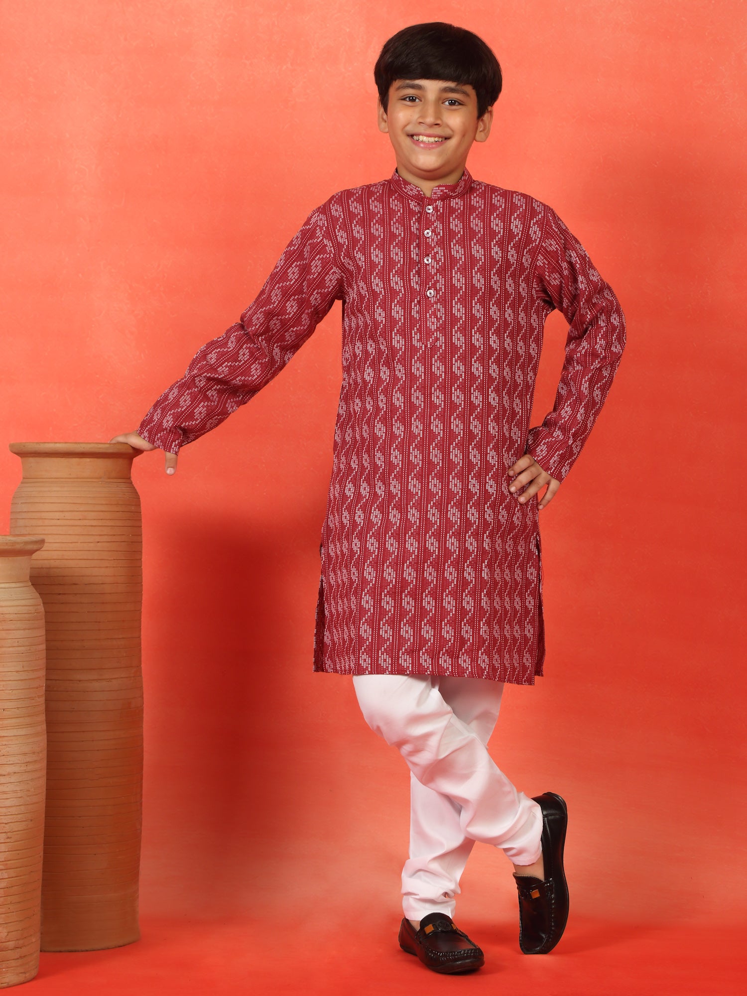 Kid's Cotton Woven Kantha Work Kurta Pyjama Set with Mandarin Collar