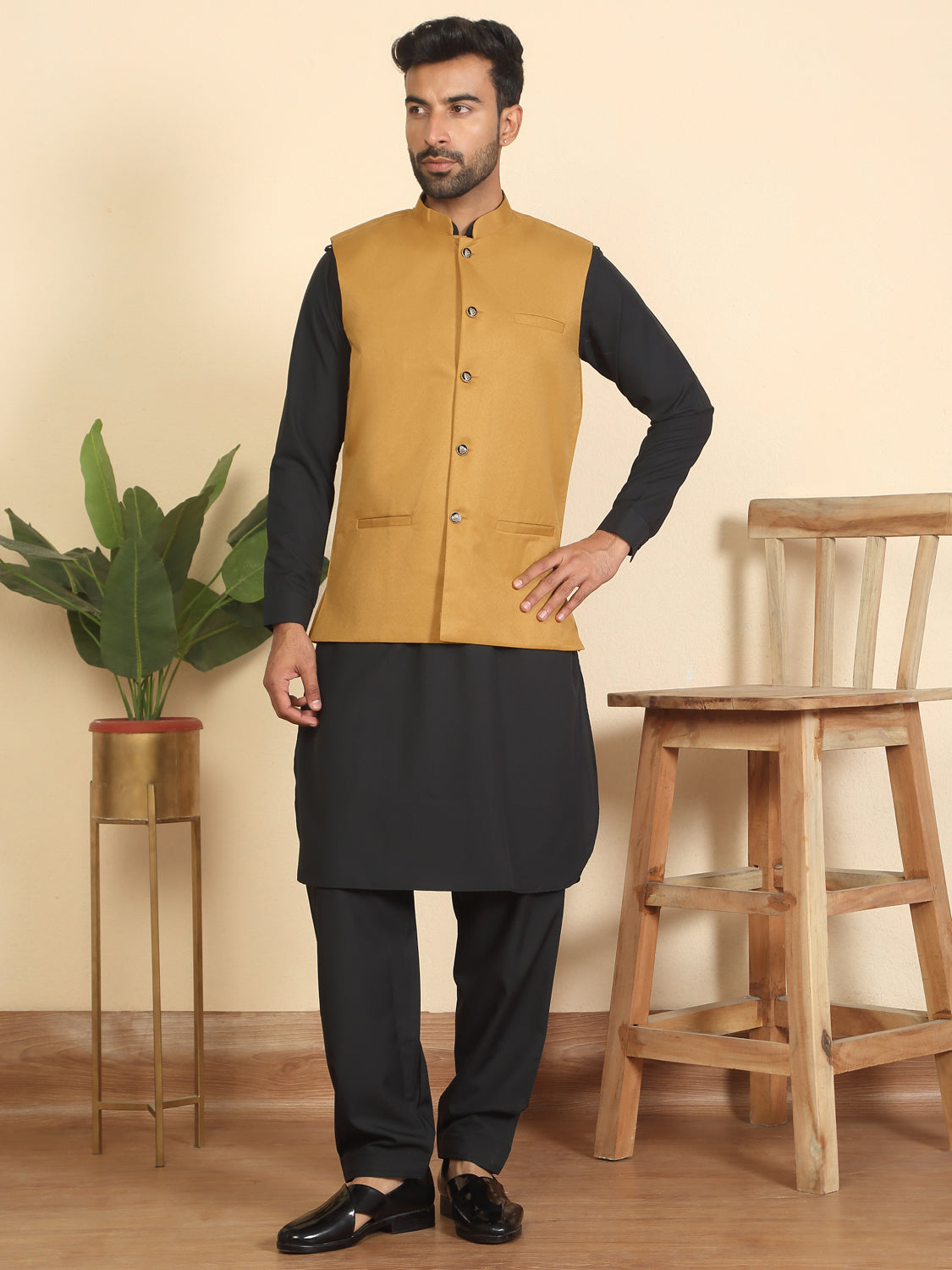 Men Mandarin Collar Pathani Kurta Salwar Set with Solid Twill Nehru Jacket
