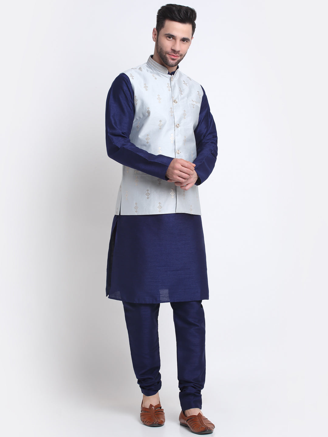 KRAFT INDIA Men Navy Blue Silk Kurta & Churidar With Sequenced Nehru Jacket