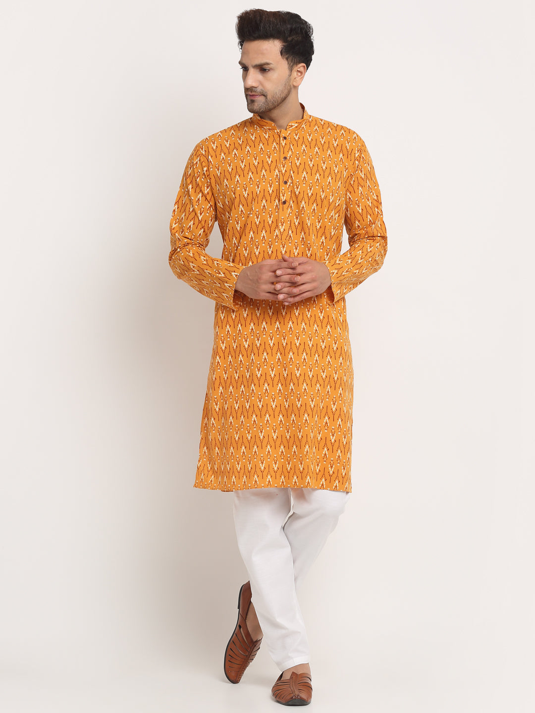 Men's Cotton Jaipuri Printed Knee Length Kurta Pyjama Set