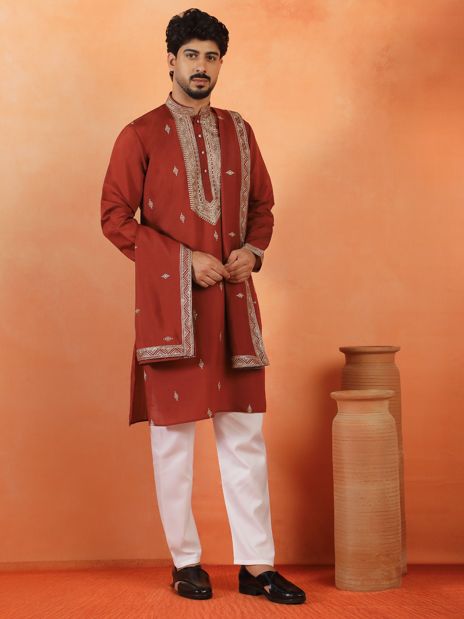 Men's Sequenced Embroidered Cotton Silk Straight Kurta Pyjama With Dupatta Set