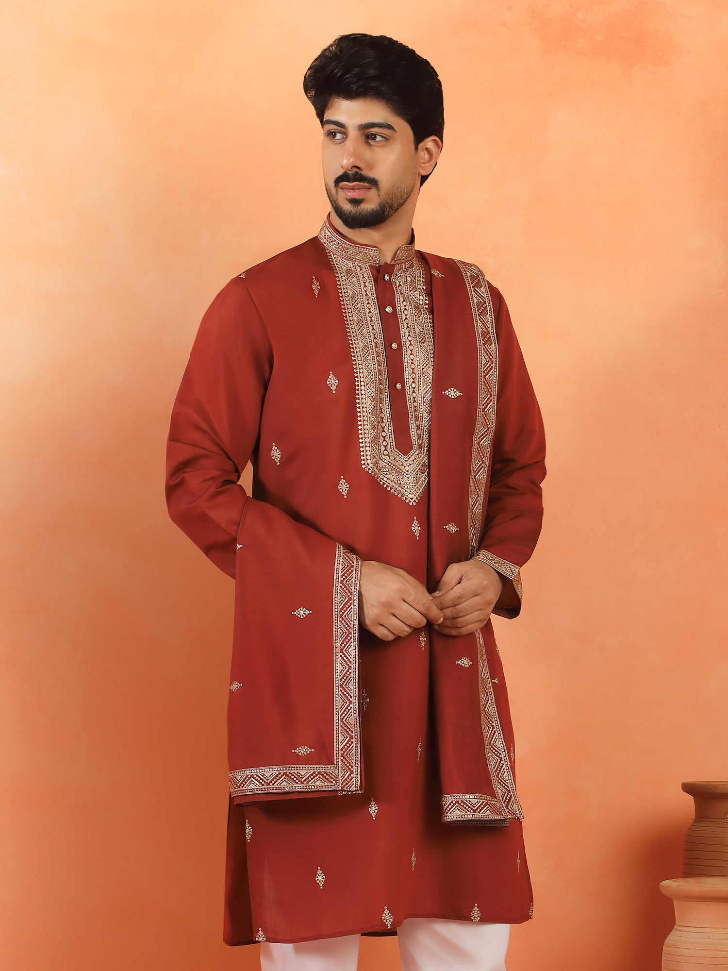 Men's Sequenced Embroidered Designed Cotton Silk Straight Long Kurta