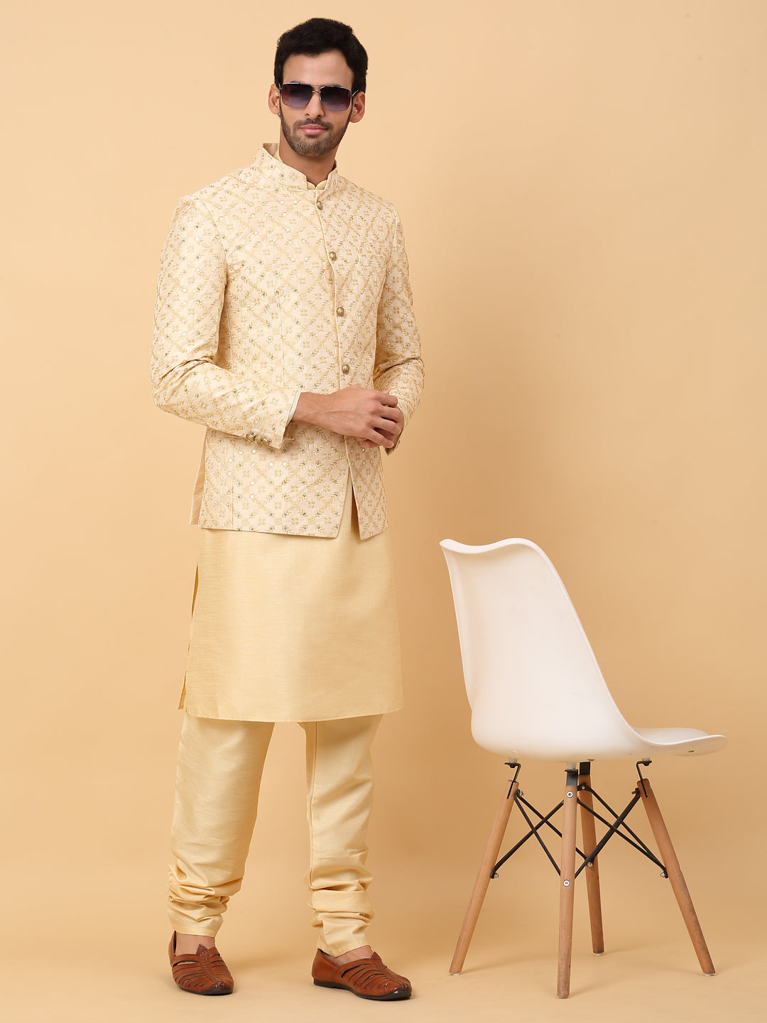 KRAFT INDIA Men's Silk Beige Kurta Churidar With Embroidered Zari Bandhgala Suit/Coat