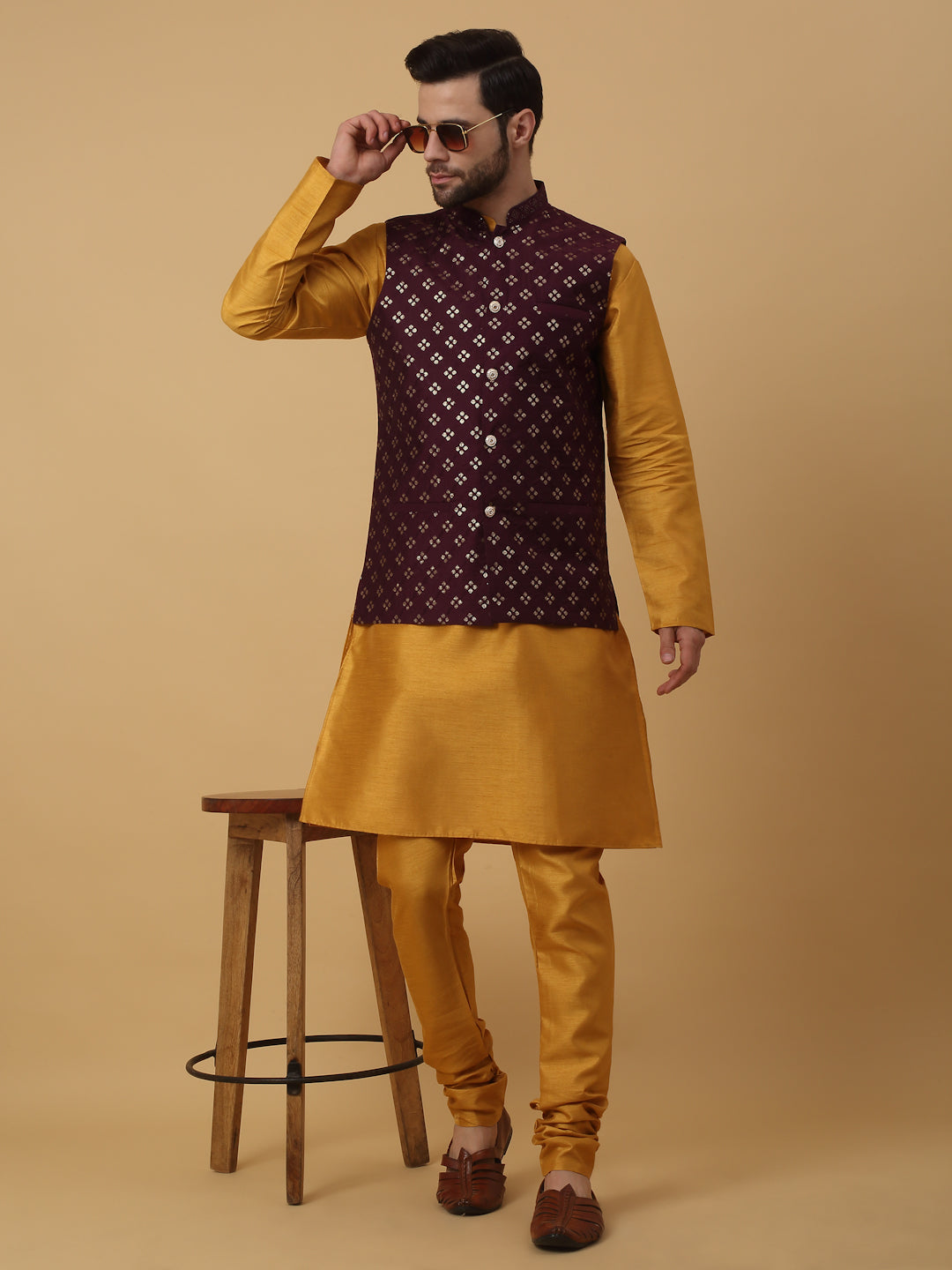 KRAFT INDIA Men's Silk Blend Mustard Kurta, Churidar with Cotton Silk Embroided Sequenced Nehru Jacket Set