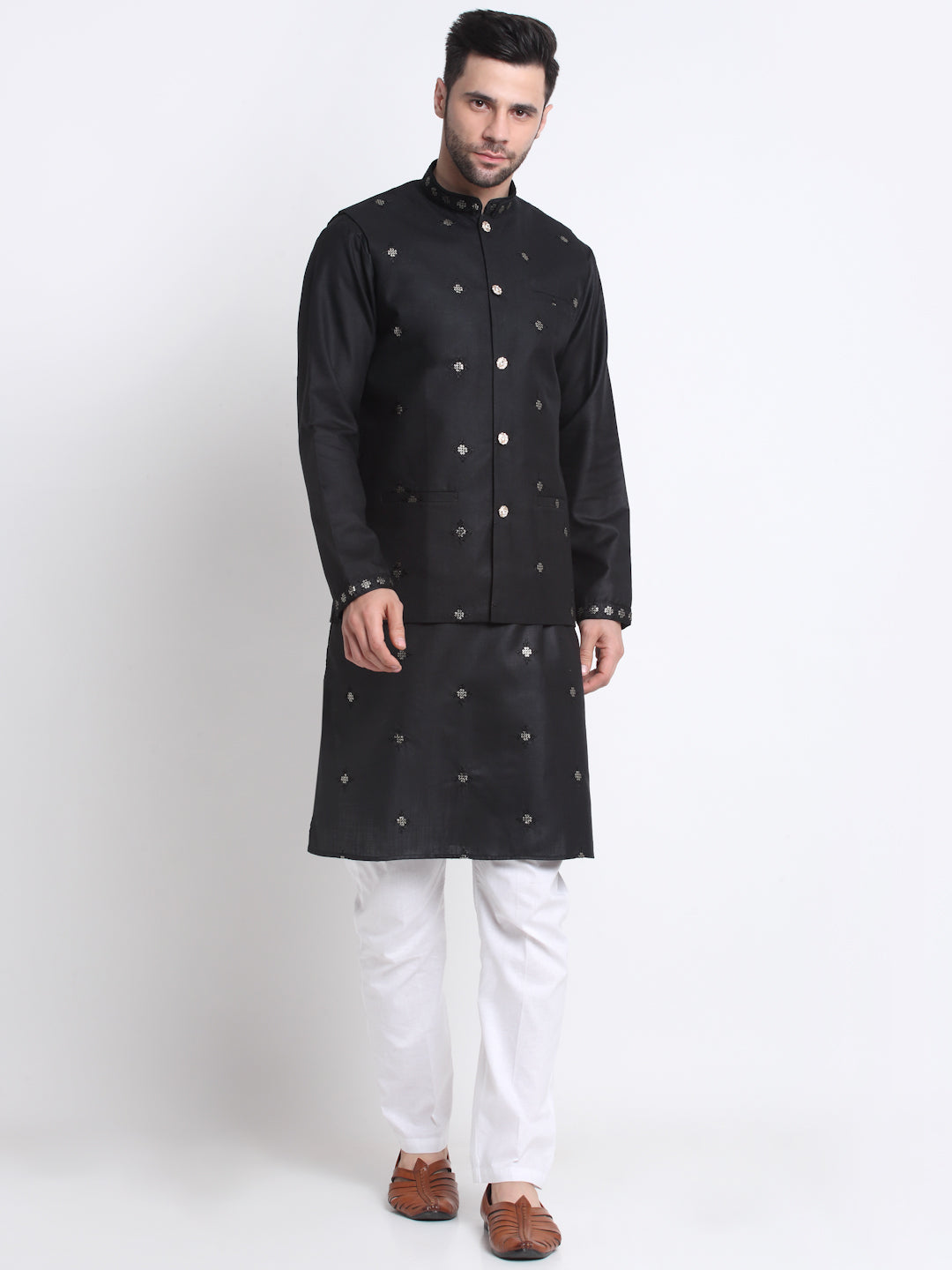 Men's Embroidered Sequined Cotton Kurta Trouser with Nehru Jacket