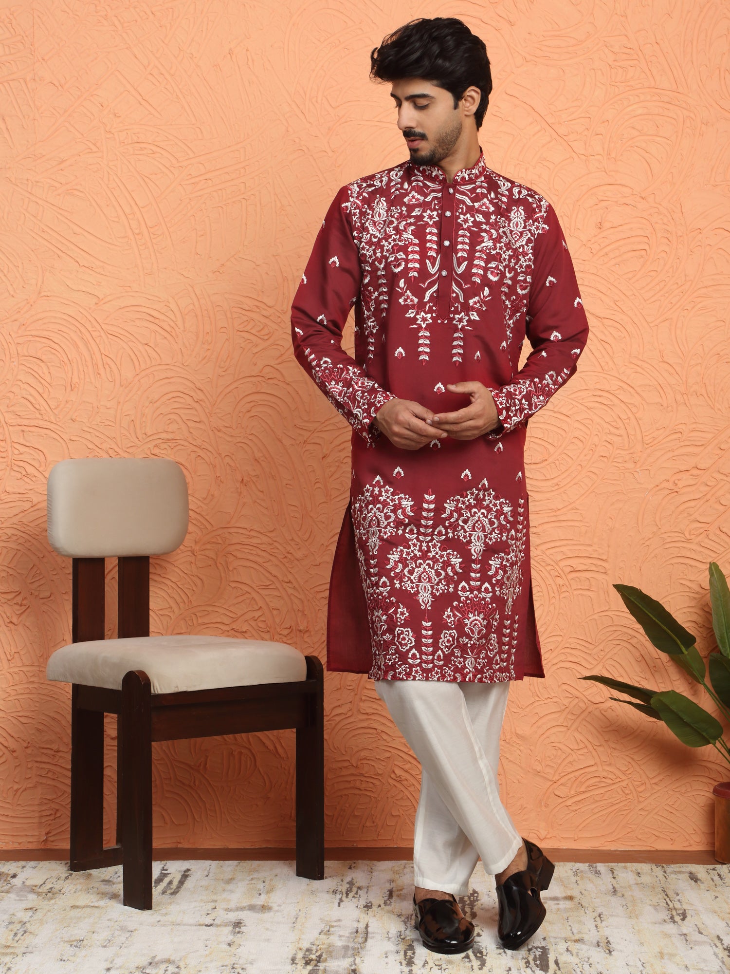 LUXE-Men's Cotton Silk Floral Embroidered Kurta Trouser Pant Set