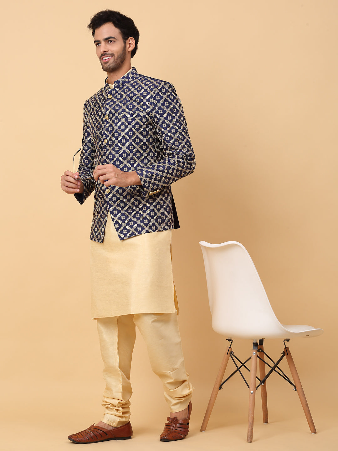 KRAFT INDIA Men's Silk Beige Kurta Churidar With Embroidered Zari Bandhgala Suit/Coat