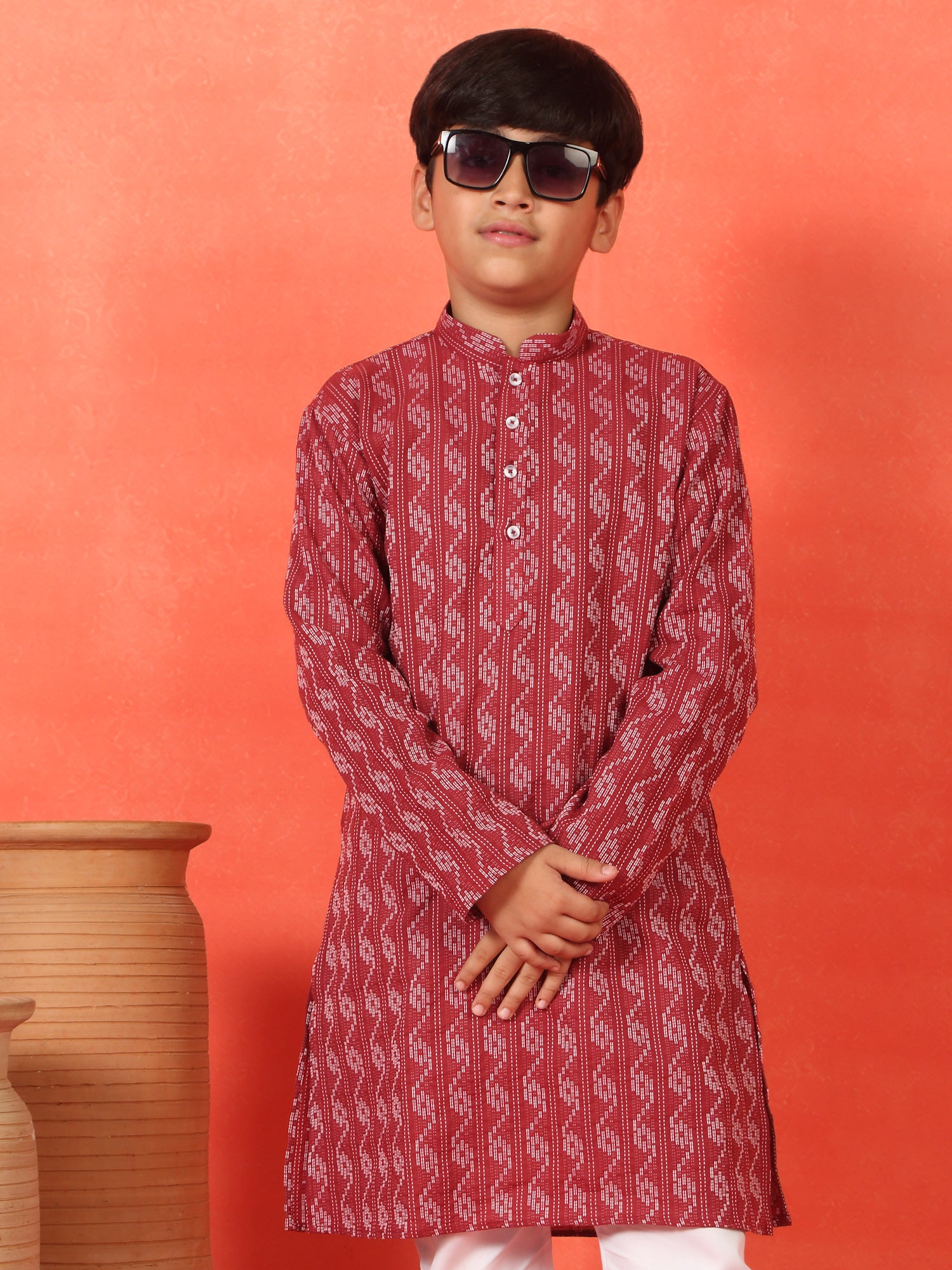 Kid's Cotton Woven Kantha Work Kurta with Mandarin Collar