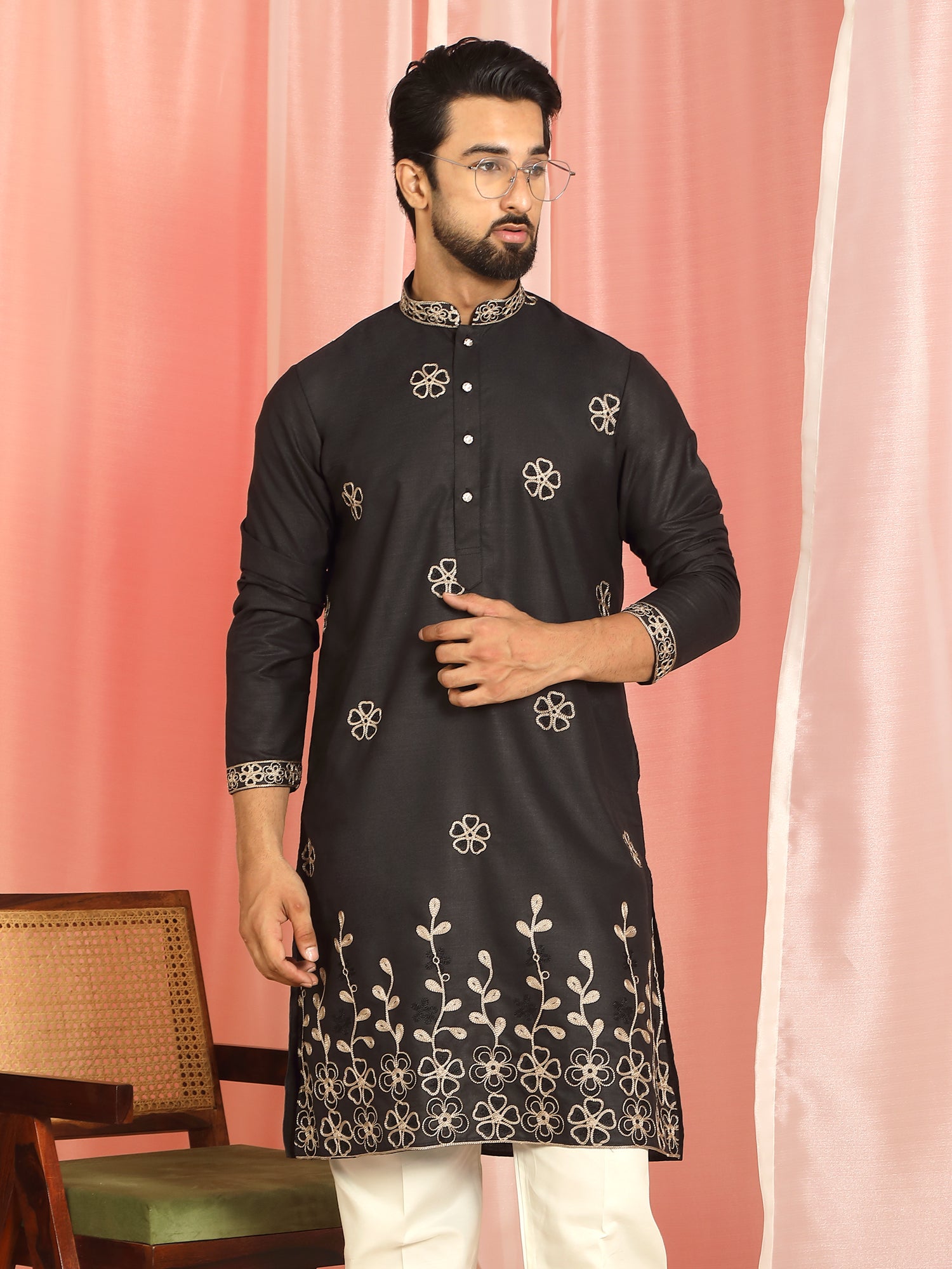 Men Cotton Floral Embroidered Festive Kurta