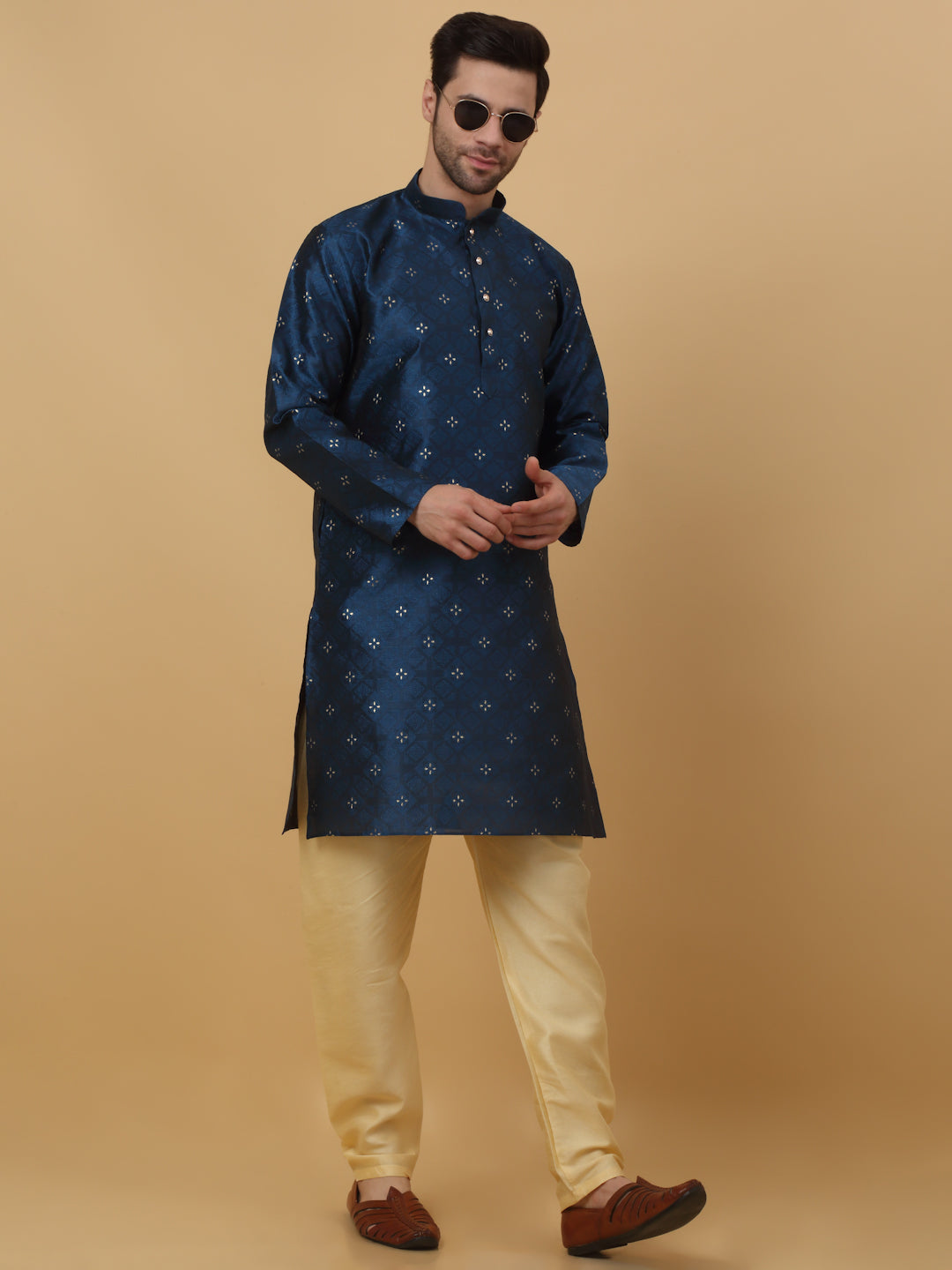 KRAFT INDIA Men's Silk Blend Jacquard Sequenced Kurta with Beige Elastic Waistband Churidar Set