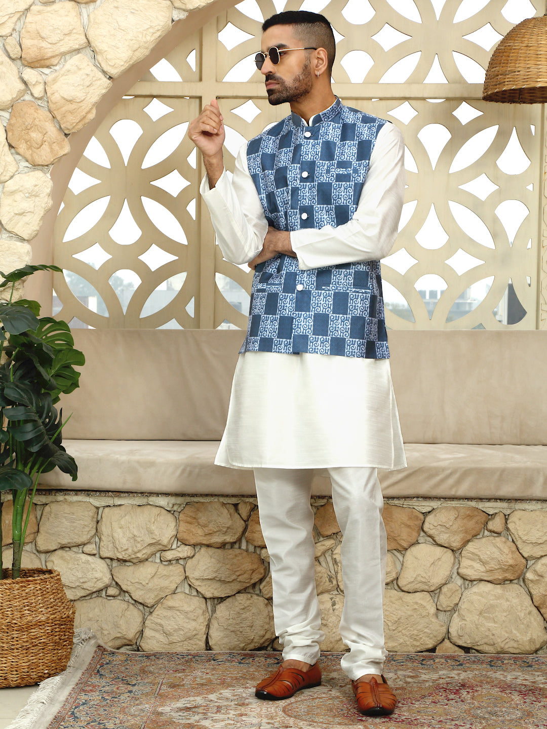Silk Blend Solid Cream Dupion Kurta Churidar With Sleeveless Bandhani Nehru Jacket set