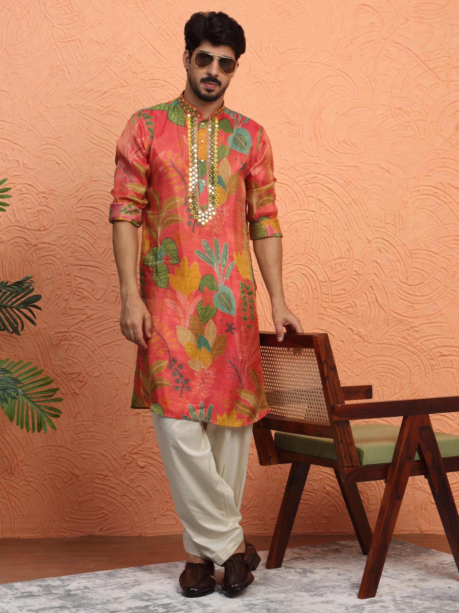 LUXE-Men's Silk Yoke Design Floral Mirror Work Kurta Salwar set