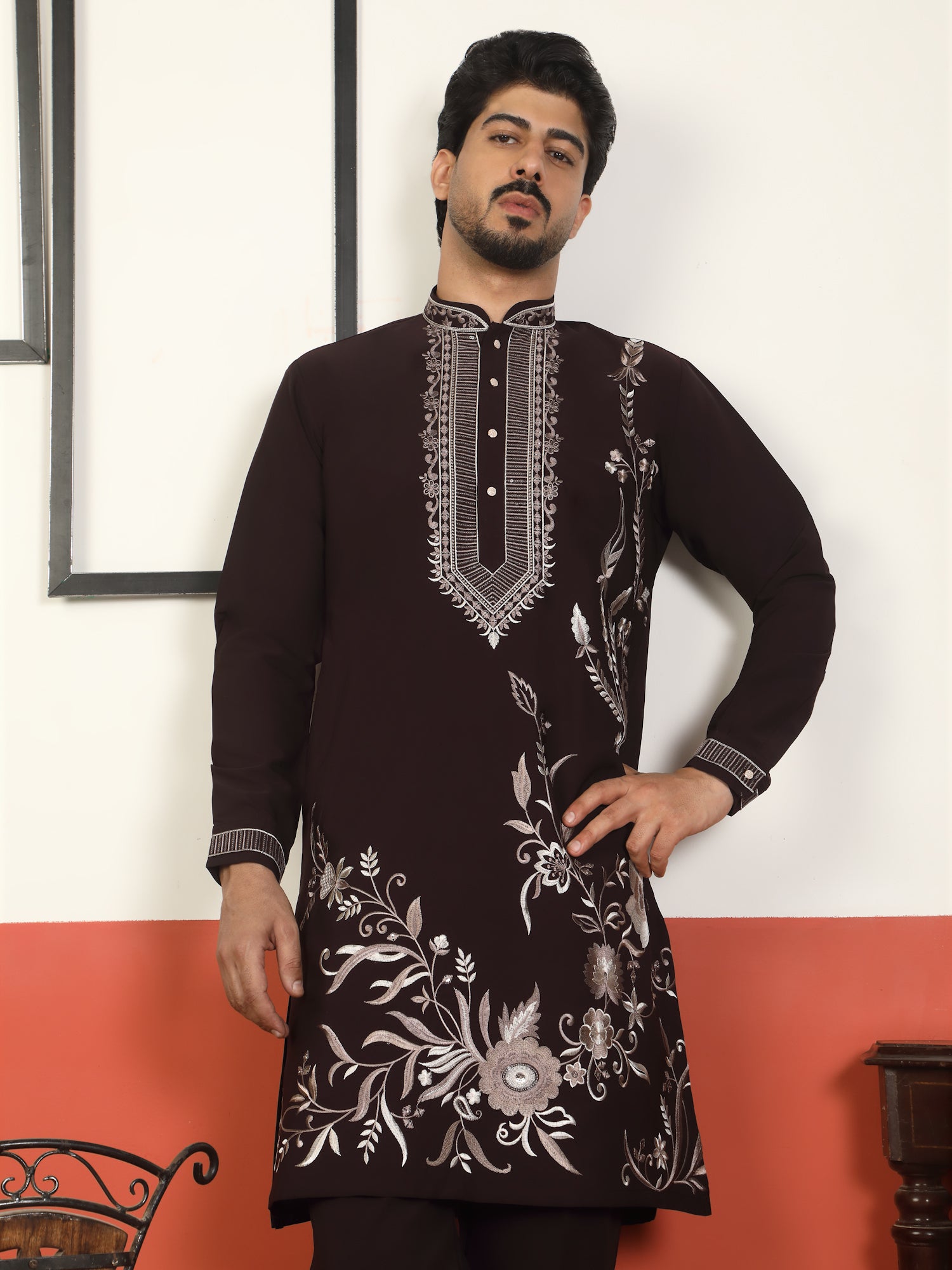 Men's Premium Japanese Fabric Heavy Floral Embroidered Long Kurta with Mandarin Collar