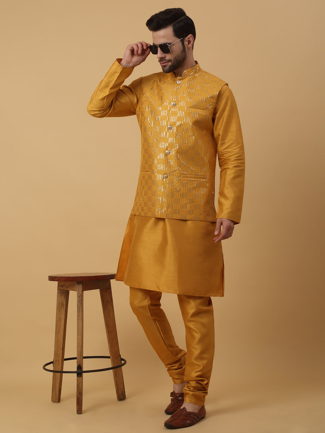 KRAFT INDIA Men's Silk Blend Mustard Kurta, Churidar with Cotton Silk Sequenced Embroided Nehru Jacket Set