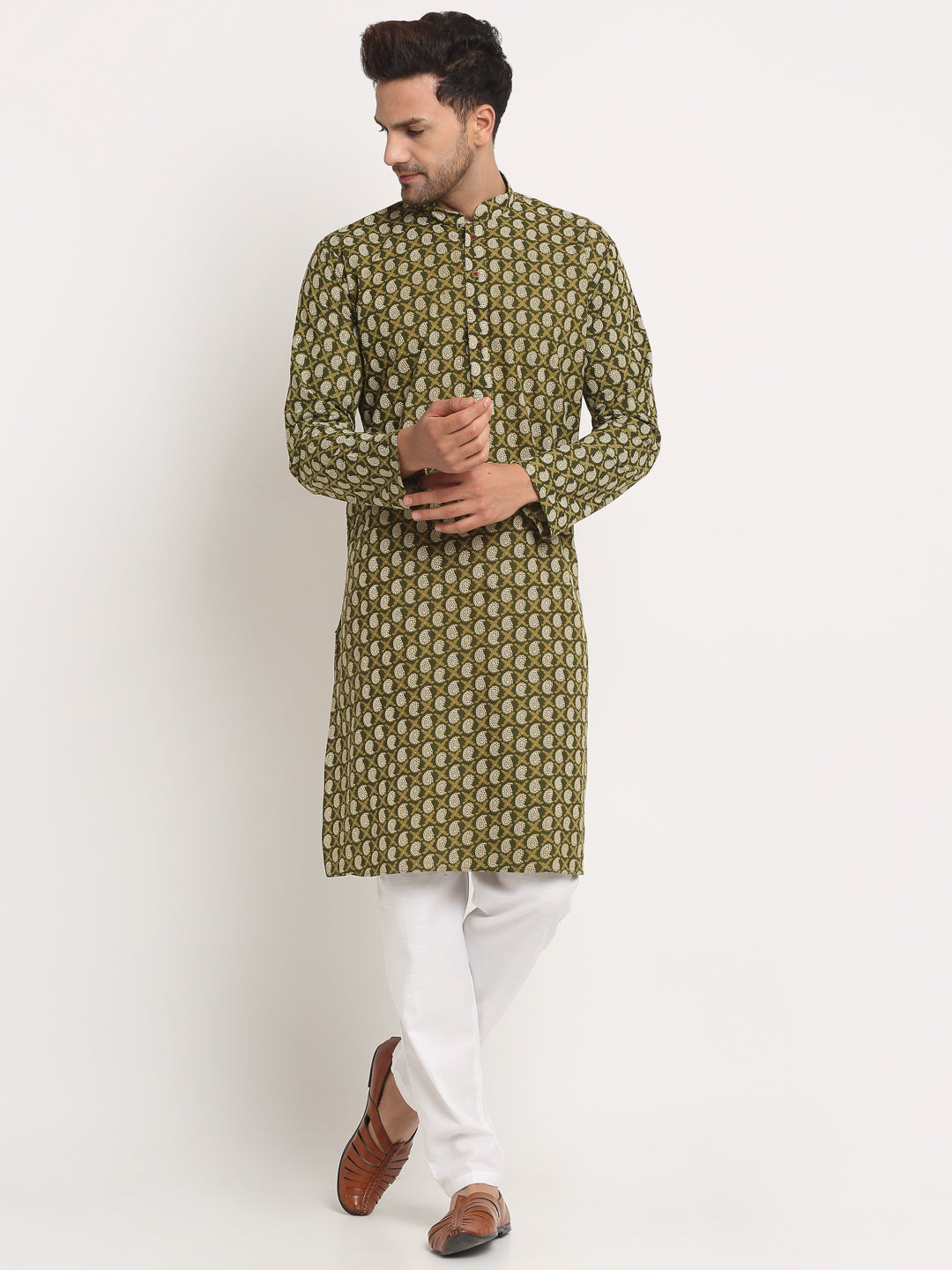 Men's Cotton Jaipuri Printed Knee Length Kurta Pyjama Set