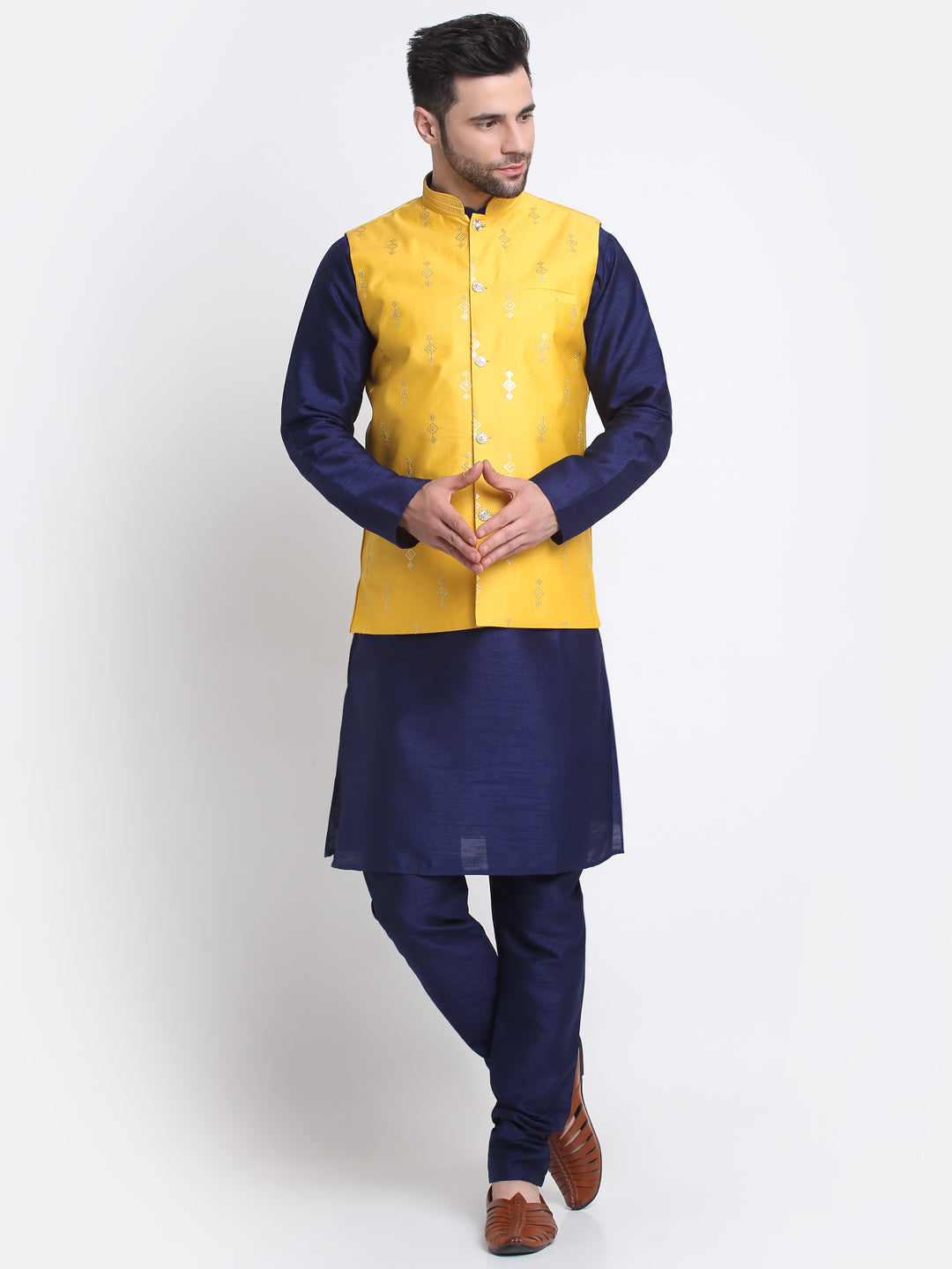 KRAFT INDIA Men Navy Blue Silk Kurta & Churidar With Sequenced Nehru Jacket