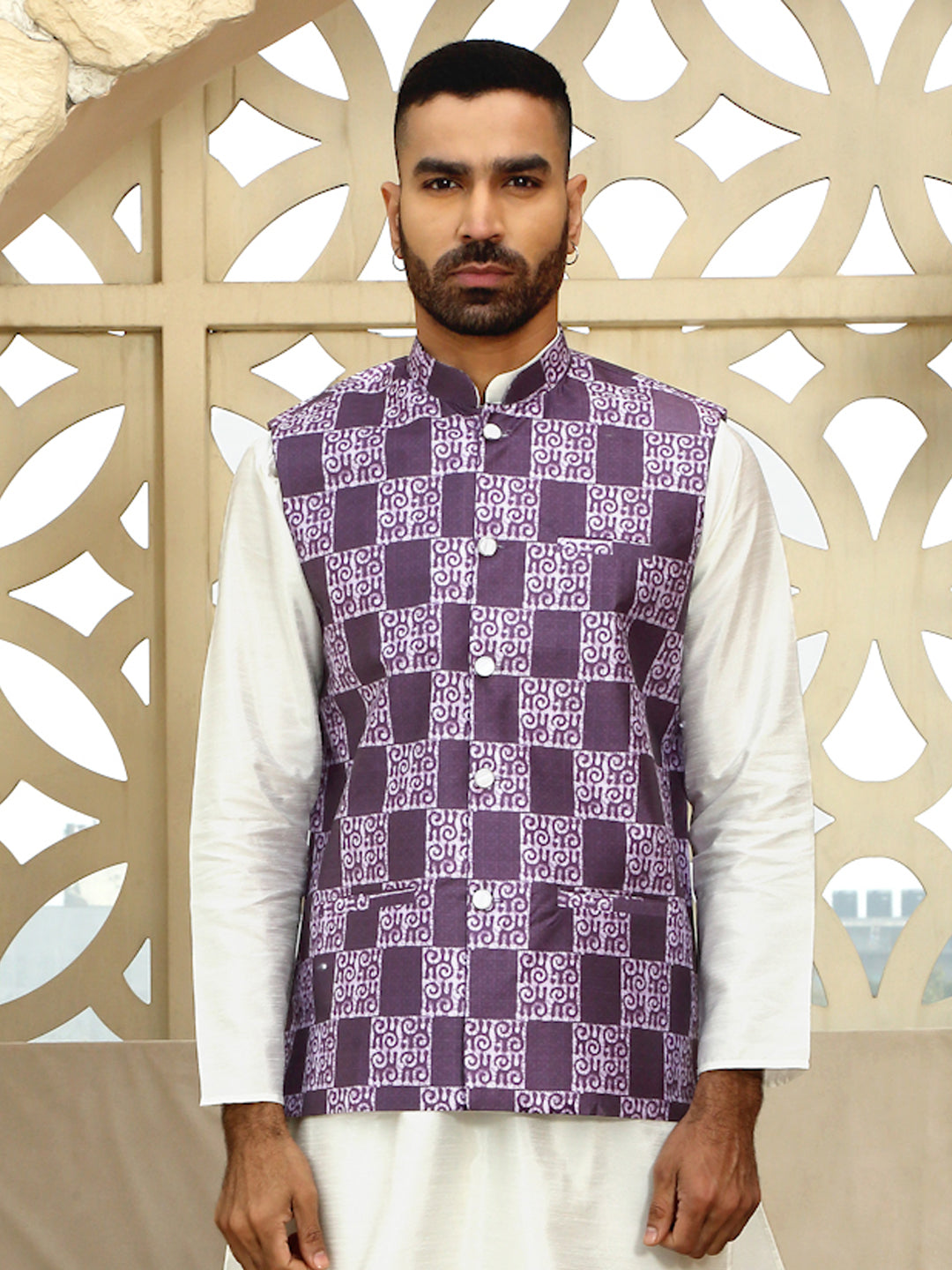 Silk Blend Batik Print Sleeveless Nehru Jacket
