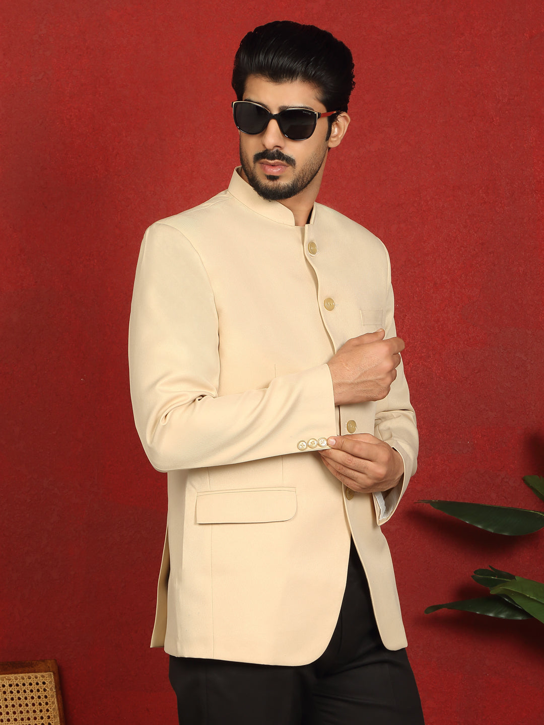 Men’s Solid Twill Bandhgala Coat with Mandarin Collar & Double Vent