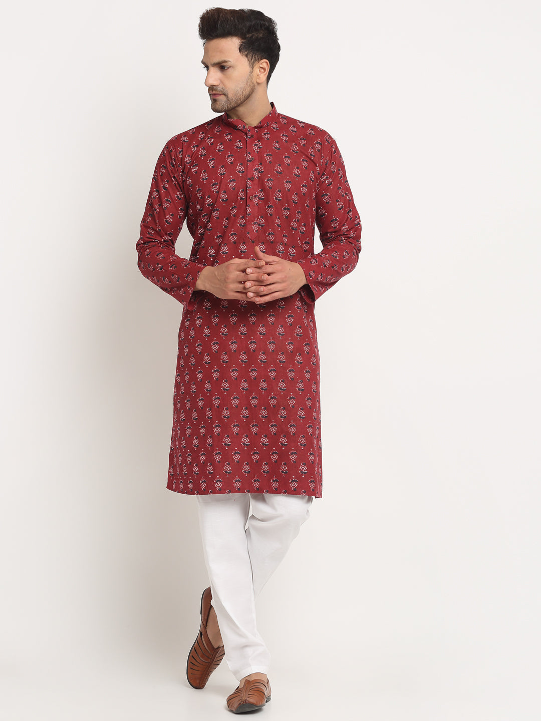 Men's Cotton Jaipuri Printed Knee Length Kurta Pyjama Set