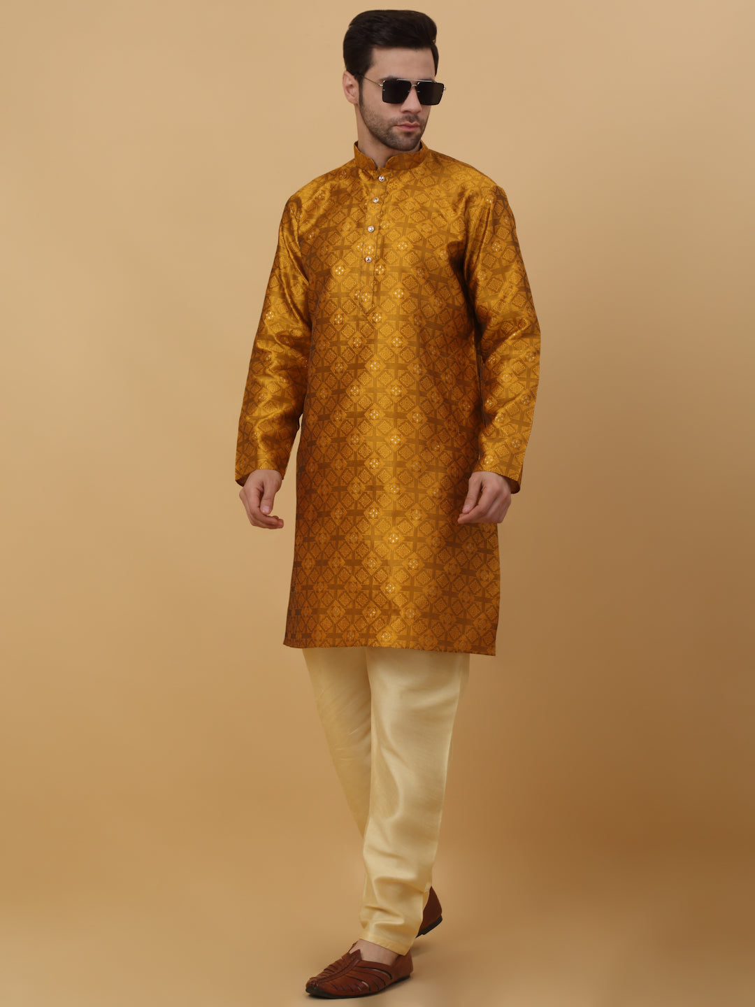 KRAFT INDIA Men's Silk Blend Jacquard Sequenced Kurta with Beige Elastic Waistband Churidar Set