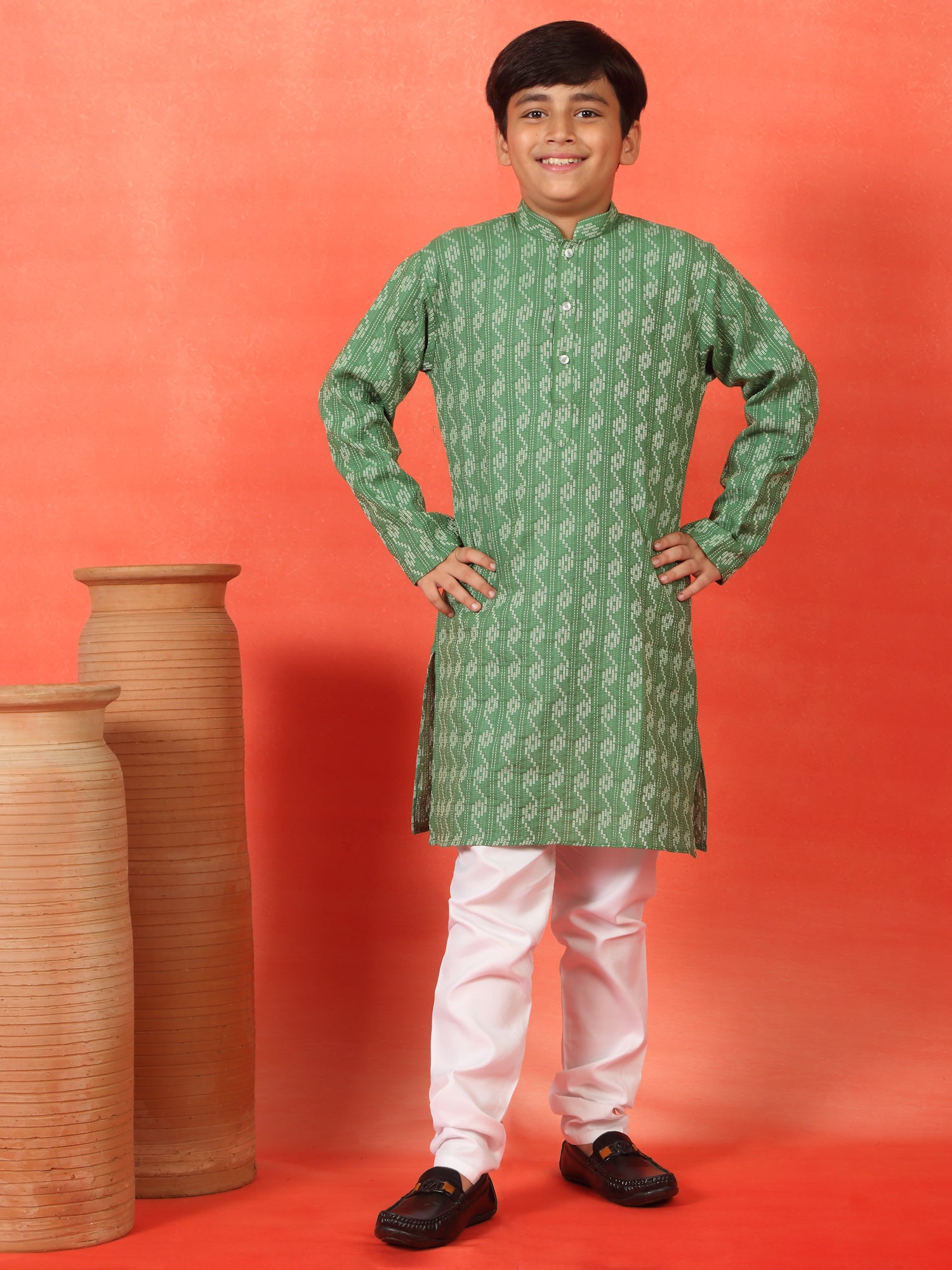 Kid's Cotton Woven Kantha Work Kurta Pyjama Set with Mandarin Collar