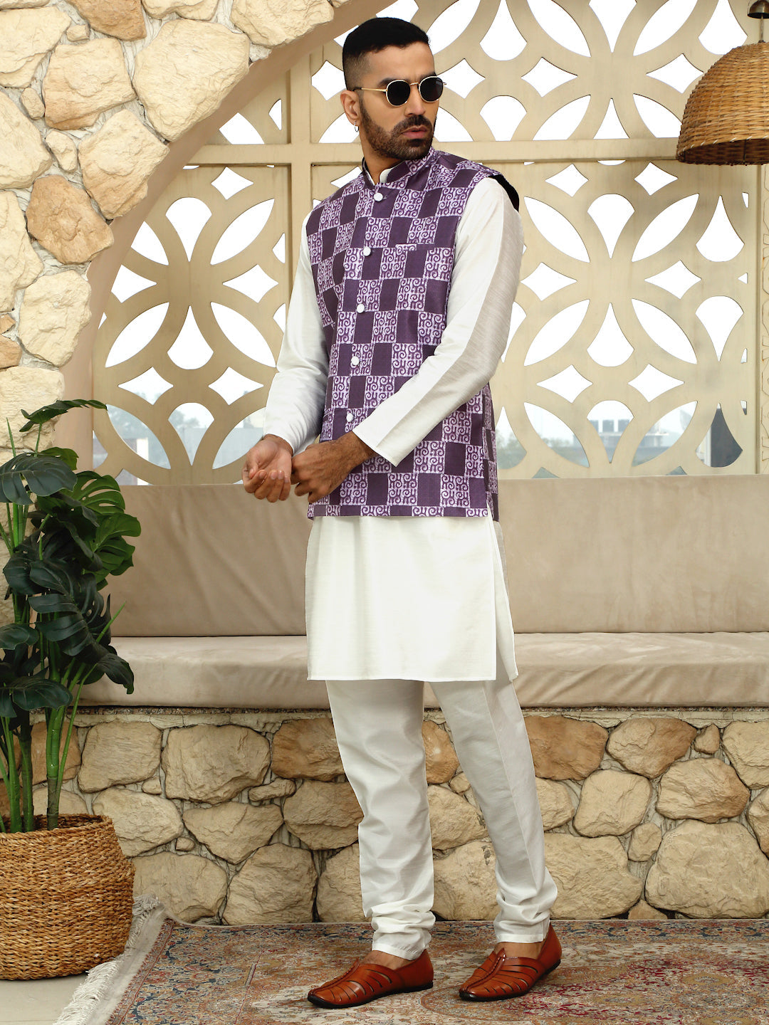 Silk Blend Solid Cream Dupion Kurta Churidar With Sleeveless Bandhani Nehru Jacket set