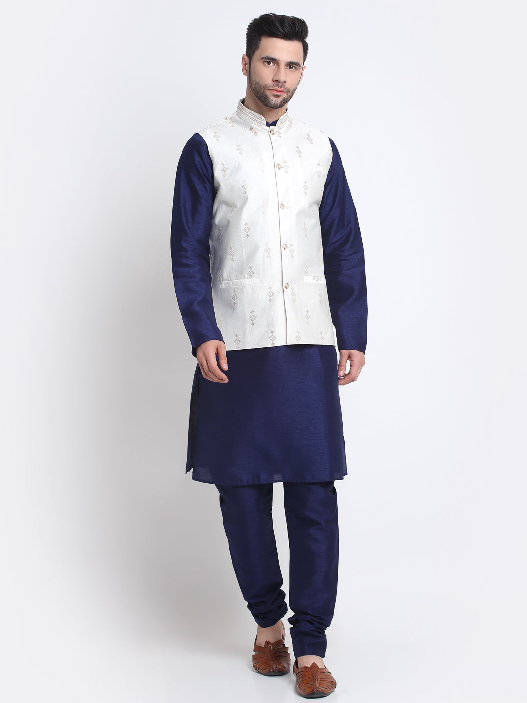KRAFT INDIA Men Navy Blue Silk Kurta & Churidar With Sequenced Nehru Jacket