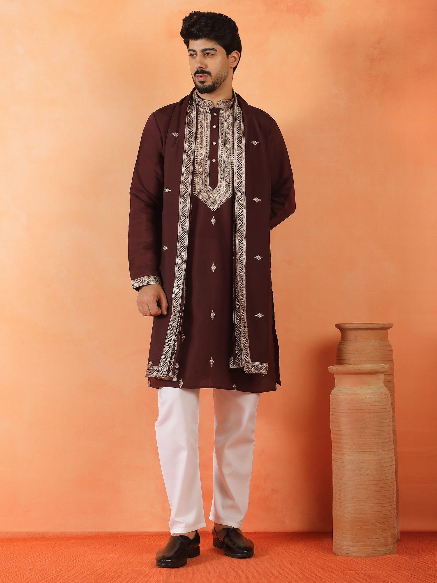 Men's Sequenced Embroidered Designed Cotton Silk Straight Long Kurta