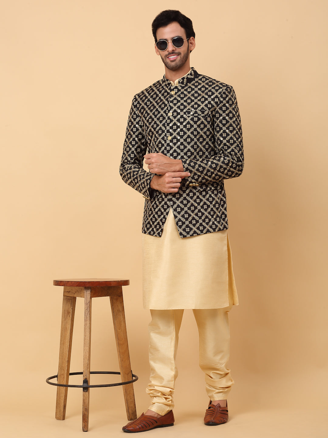 KRAFT INDIA Men's Silk Beige Kurta Churidar With Embroidered Zari Bandhgala Suit/Coat