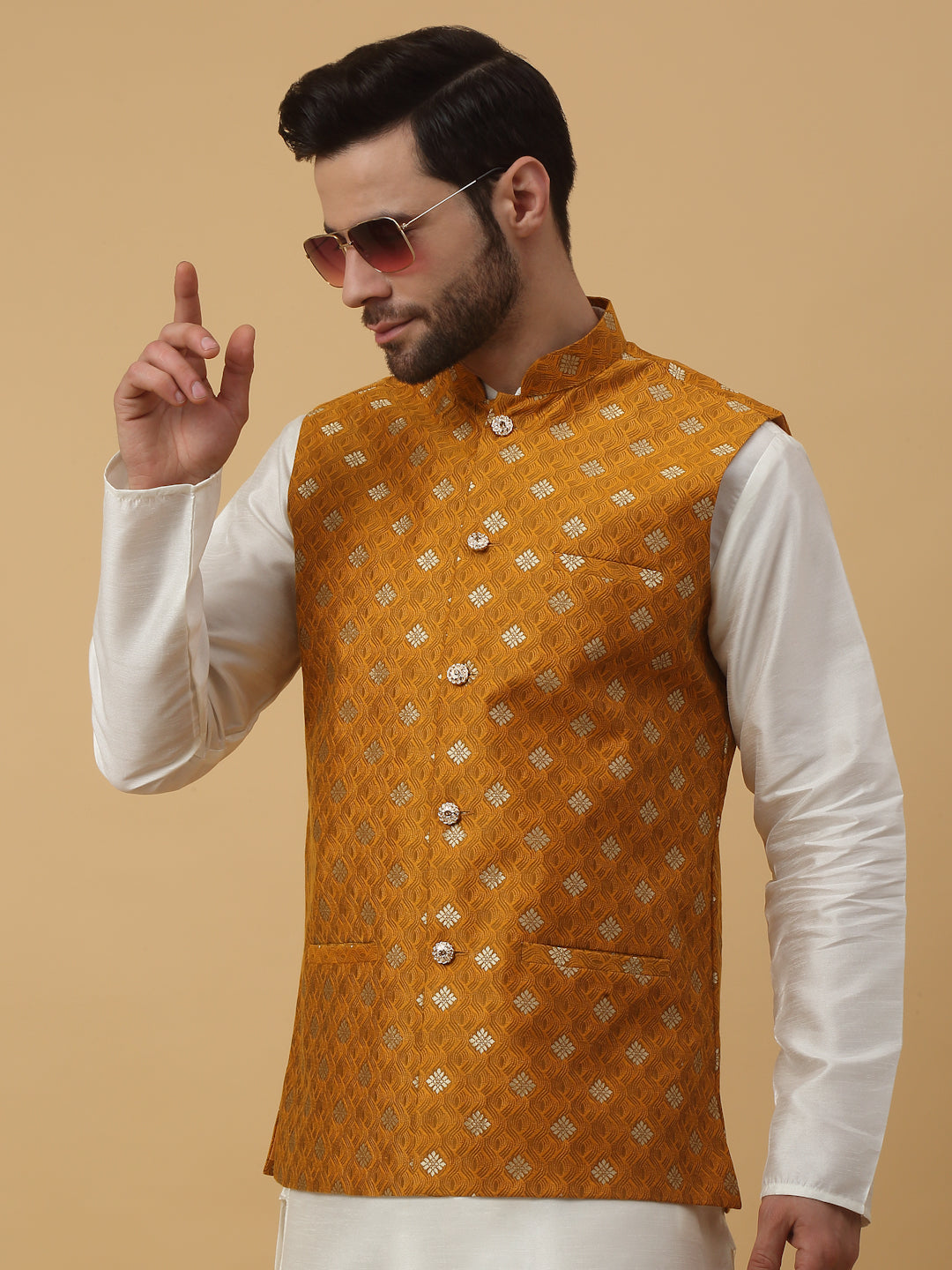 KRAFT INDIA Men's Silk Blend Jacquard Sleeveless Gold Print Nehru Jacket