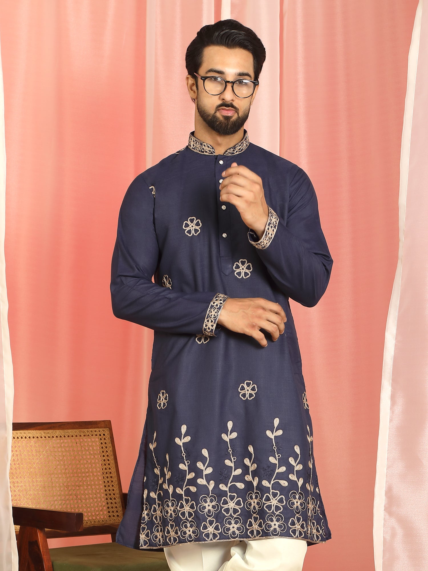 Men Cotton Floral Embroidered Festive Kurta
