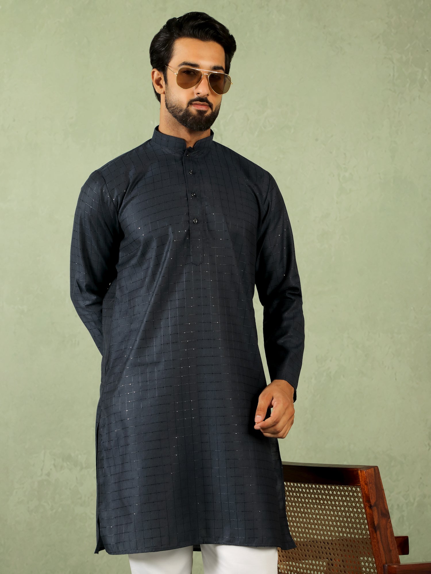 Men Cotton Geometric Mandarin Collor Kurta