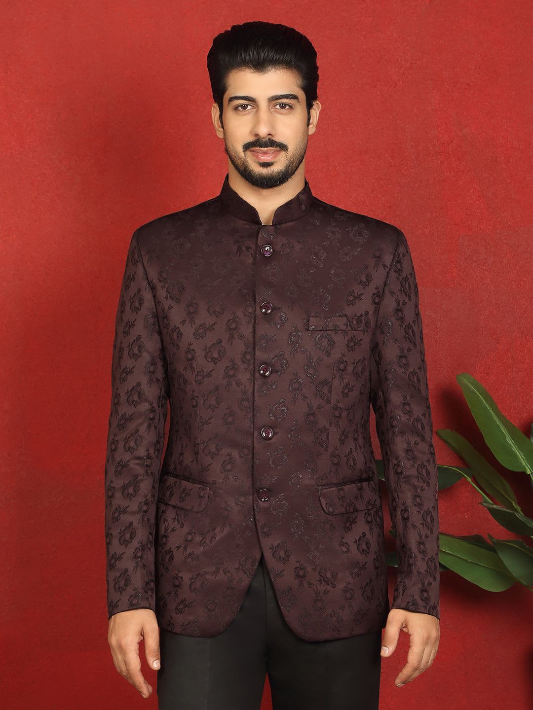 Jacquard Floral Self-Design Bandhgala Western Party 1 Piece Coat