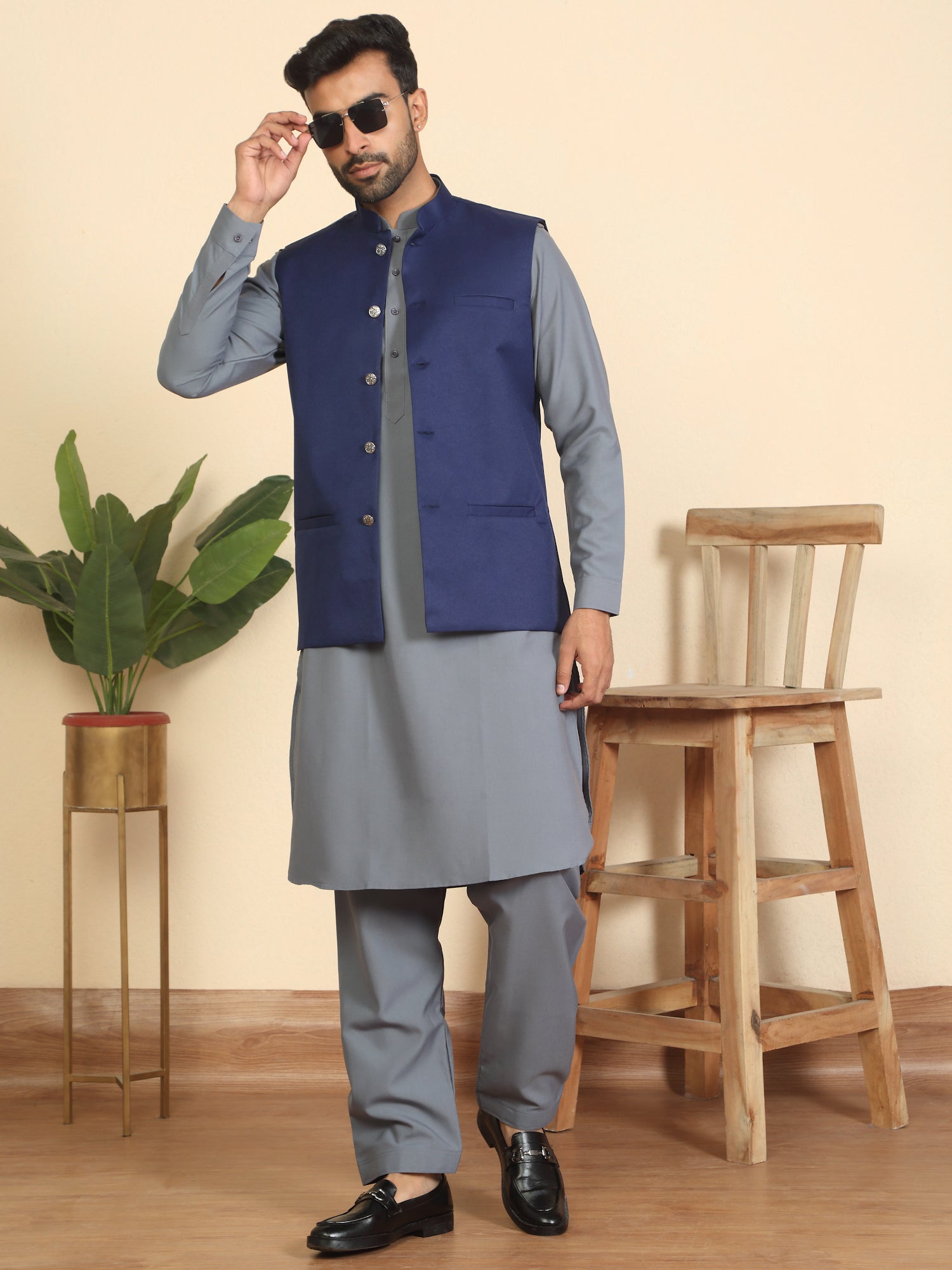 Men Mandarin Collar Pathani Kurta Salwar Set with Solid Twill Nehru Jacket