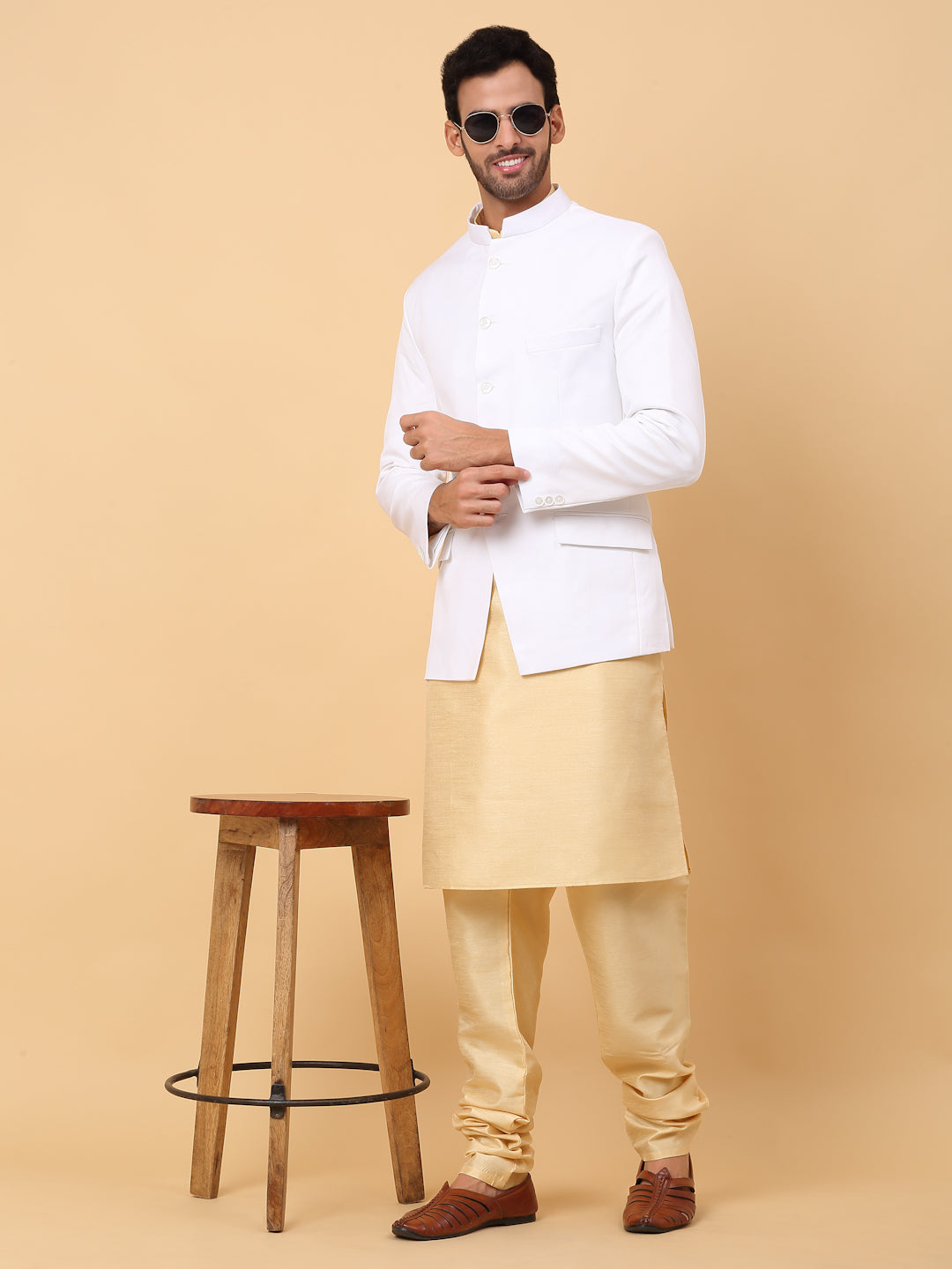 KRAFT INDIA Men's Silk Beige Kurta Churidar With Solid Twill Bandhgala Suit/Coat