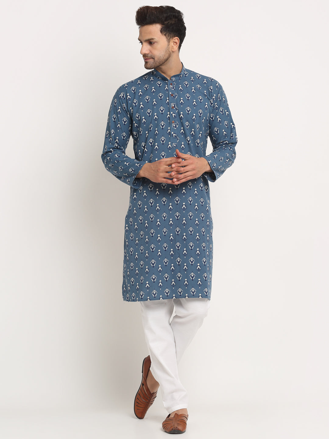 Men's Cotton Jaipuri Printed Knee Length Kurta Pyjama Set