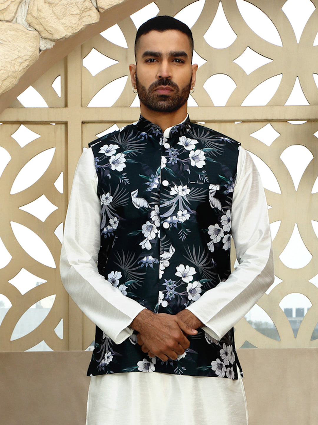 Silk Blend Floral Print Sleeveless Nehru Jacket