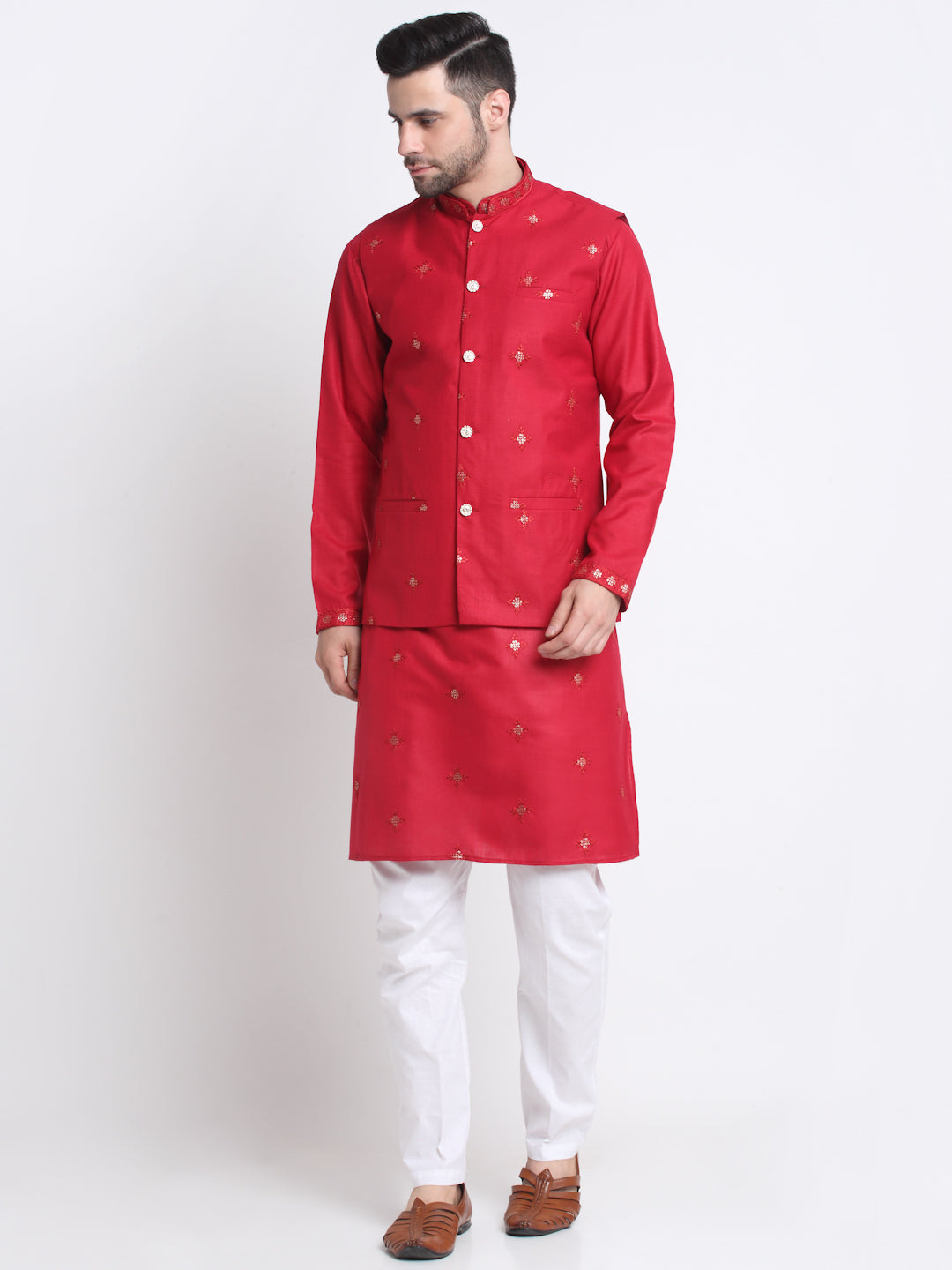 Men's Embroidered Sequined Cotton Kurta Trouser with Nehru Jacket