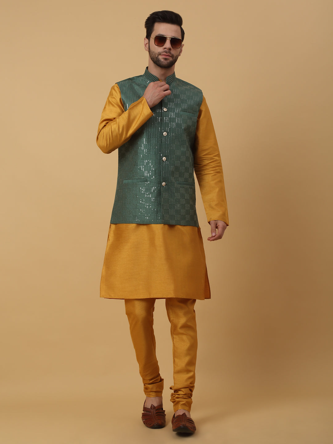 KRAFT INDIA Men's Silk Blend Mustard Kurta, Churidar with Cotton Silk Sequenced Embroided Nehru Jacket Set
