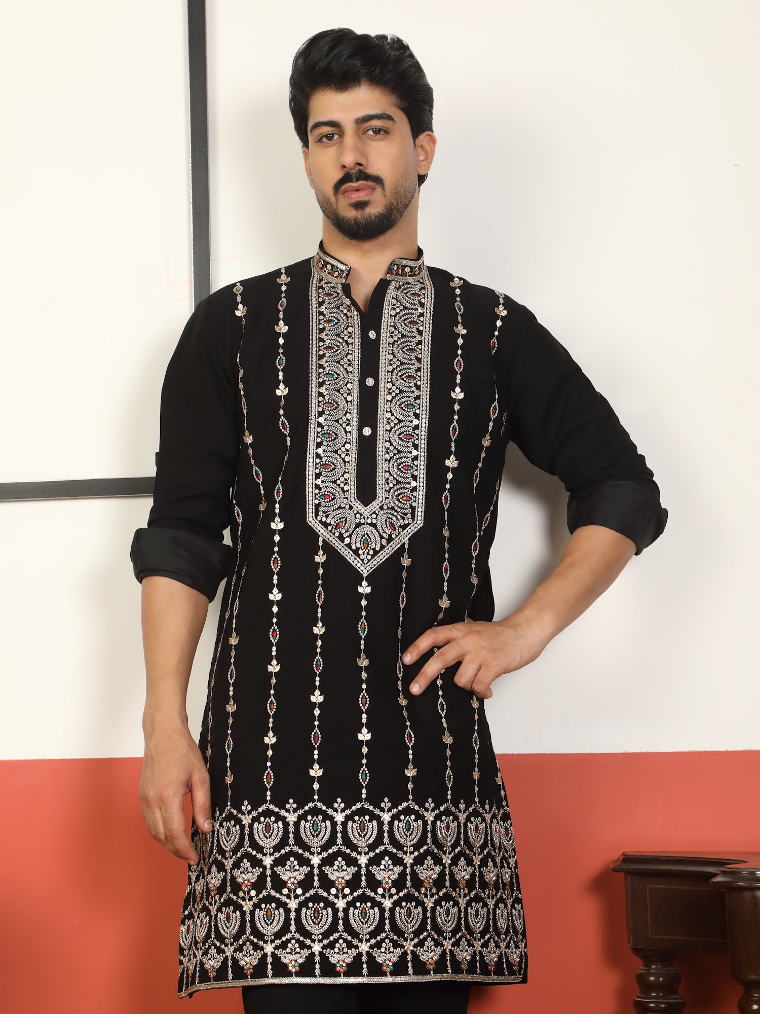 Men's Premium Japanese Fabric Luxury Embellished Embroidered Long Kurta with Mandarin Collar
