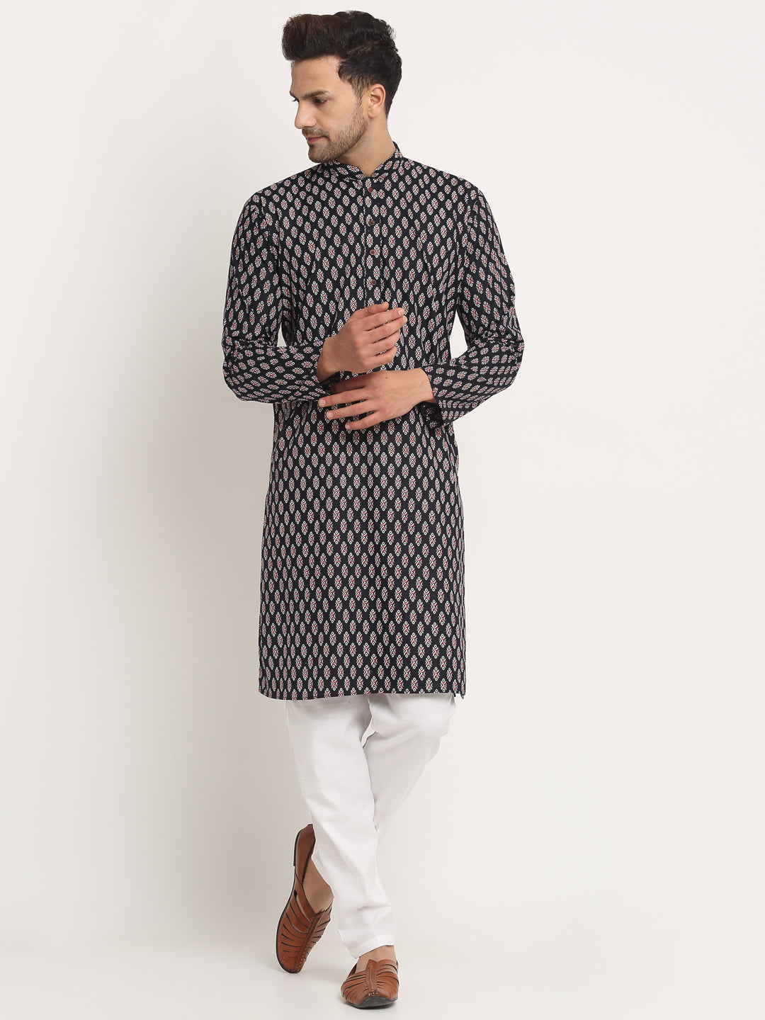 Men's Cotton Jaipuri Printed Knee Length Kurta Pyjama Set