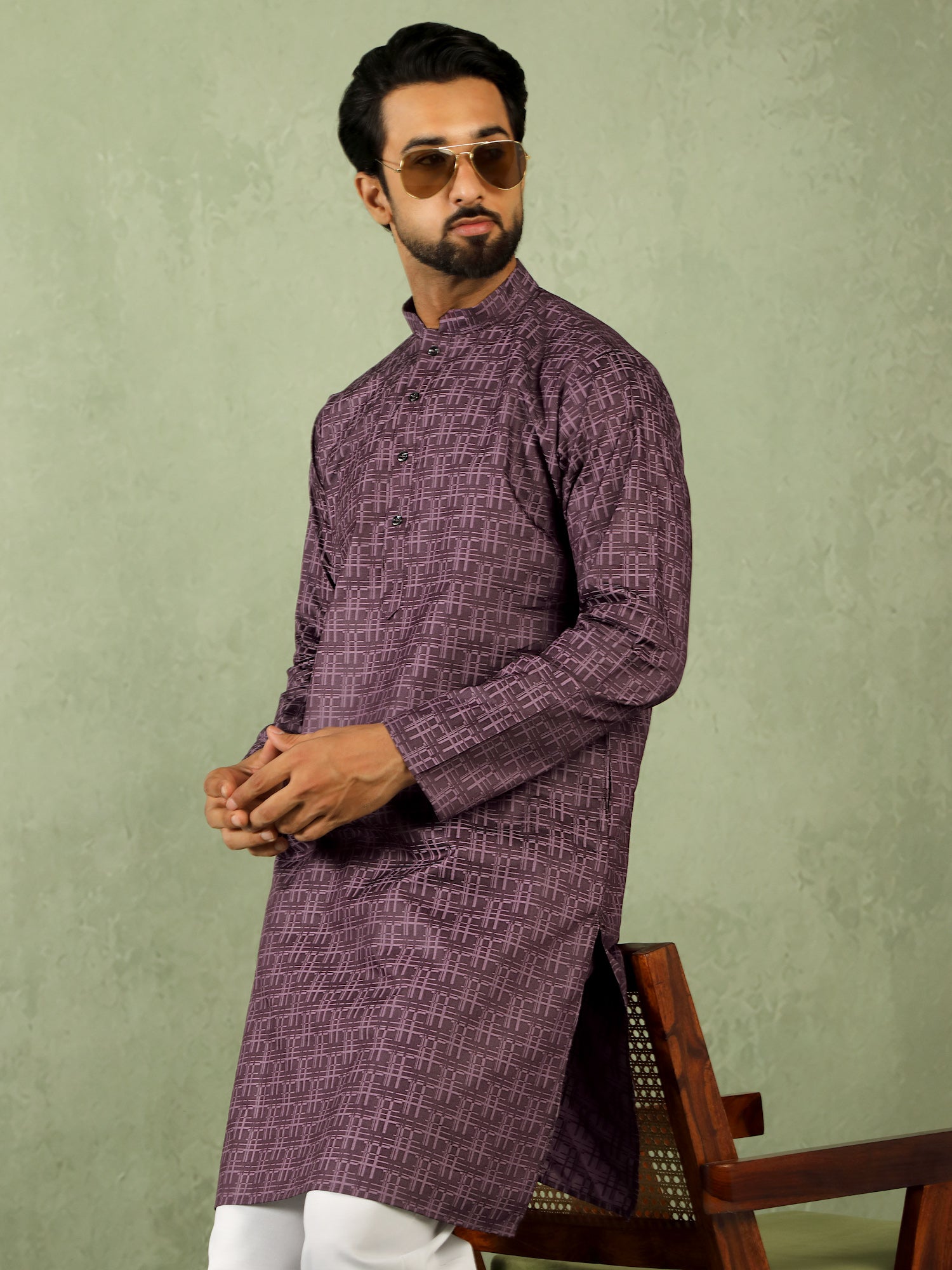 Men Cotton Geometric Mandarin Collor Kurta
