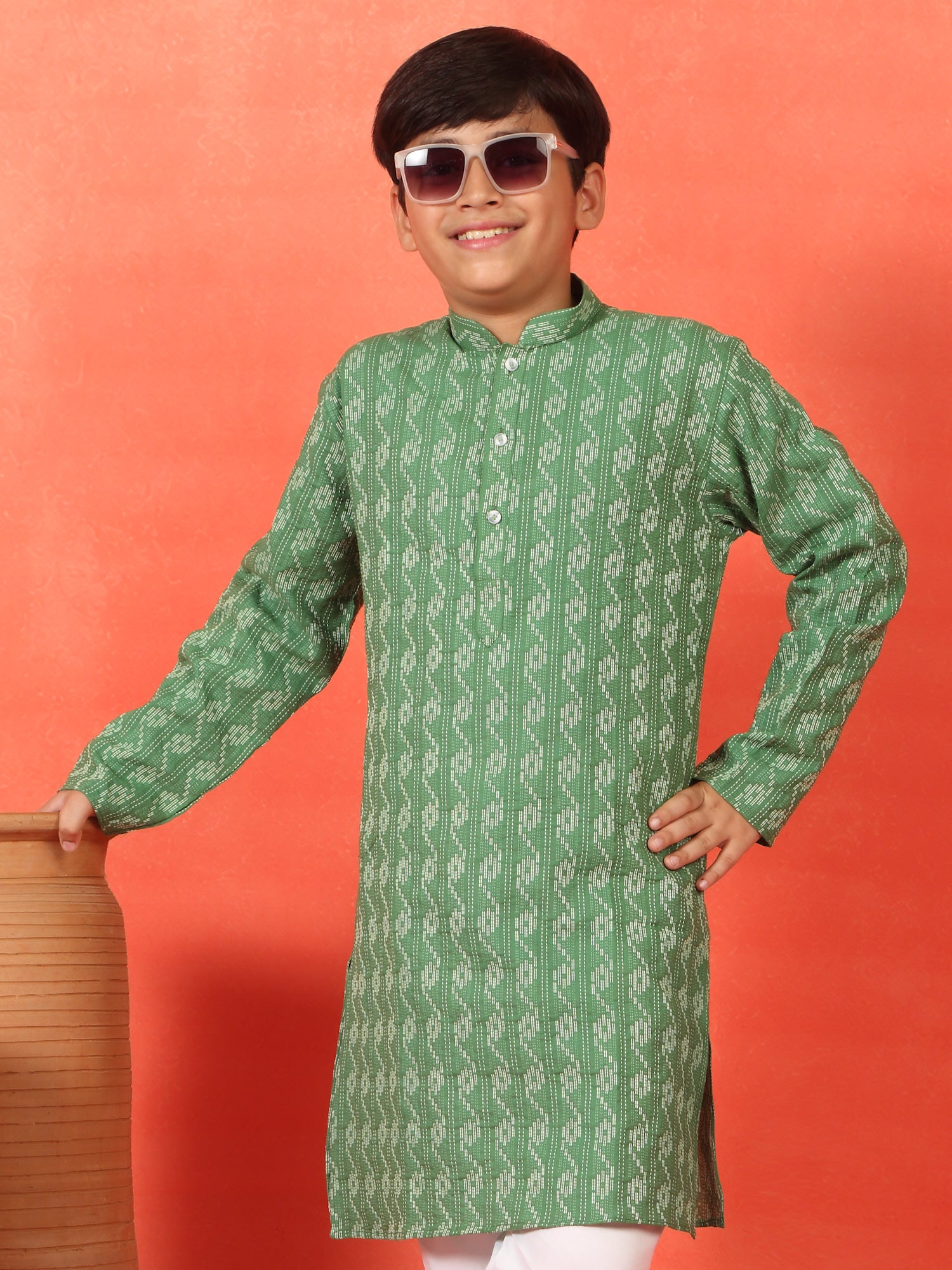 Kid's Cotton Woven Kantha Work Kurta with Mandarin Collar