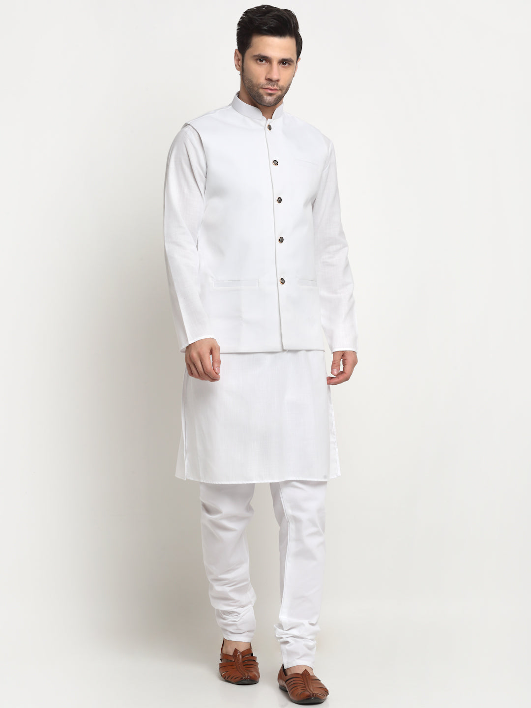 KRAFT INDIA Men's Cotton Solid White Kurta Churidar with Twill Nehru Jacket Set