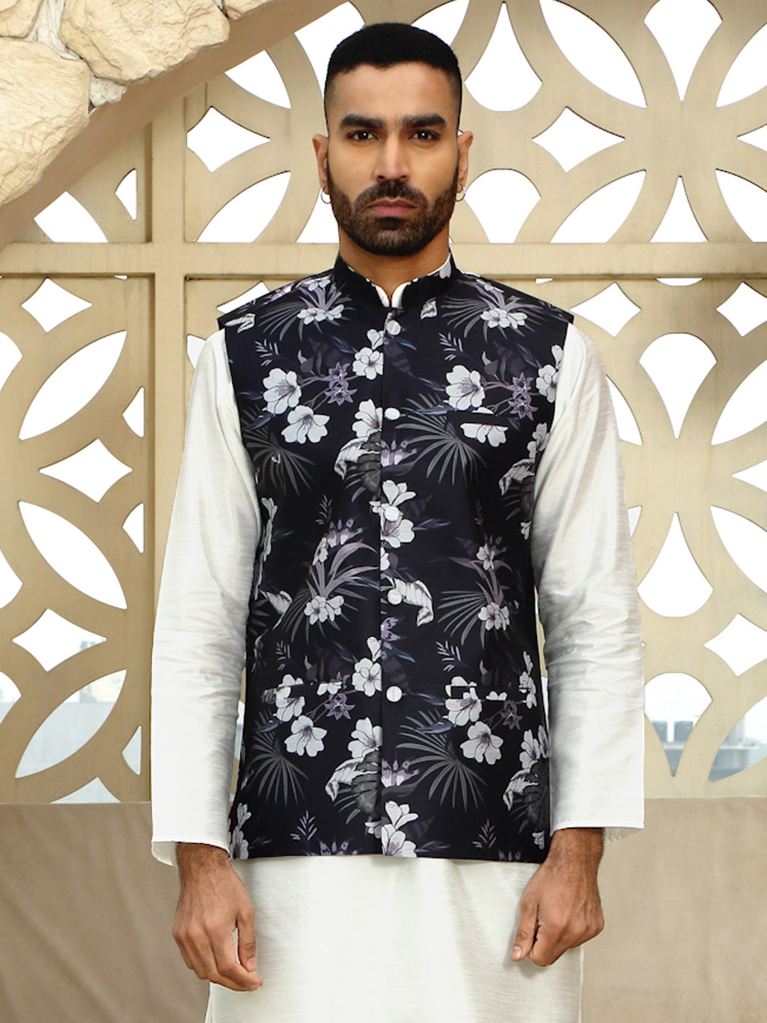 Silk Blend Floral Print Sleeveless Nehru Jacket